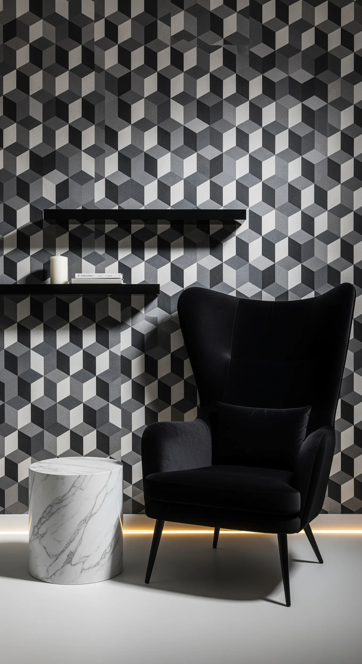 Poltrona nera e tavolino in marmo contro una parete con carta da parati a cubi 3D.