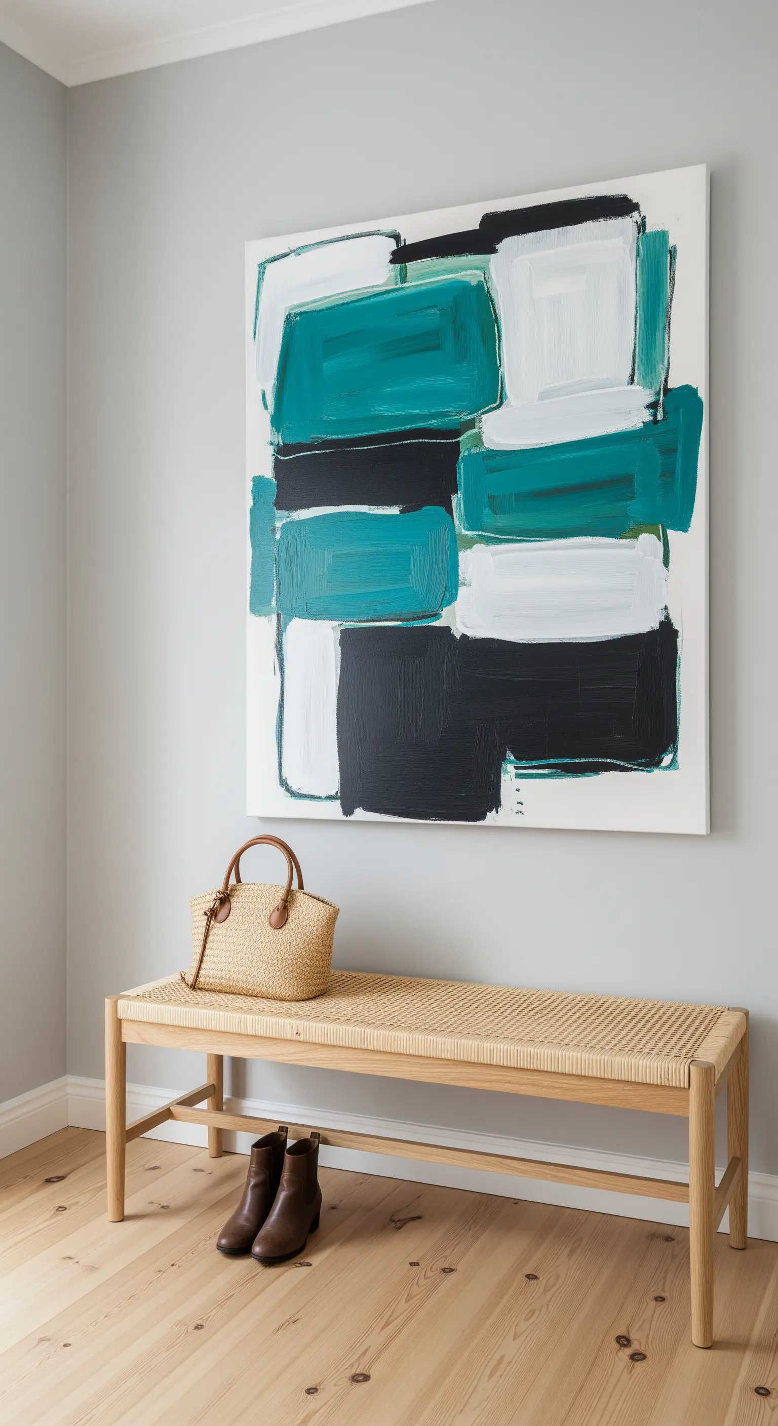 Panca minimalista in rattan e legno chiaro sotto un grande quadro astratto verde acqua e nero.