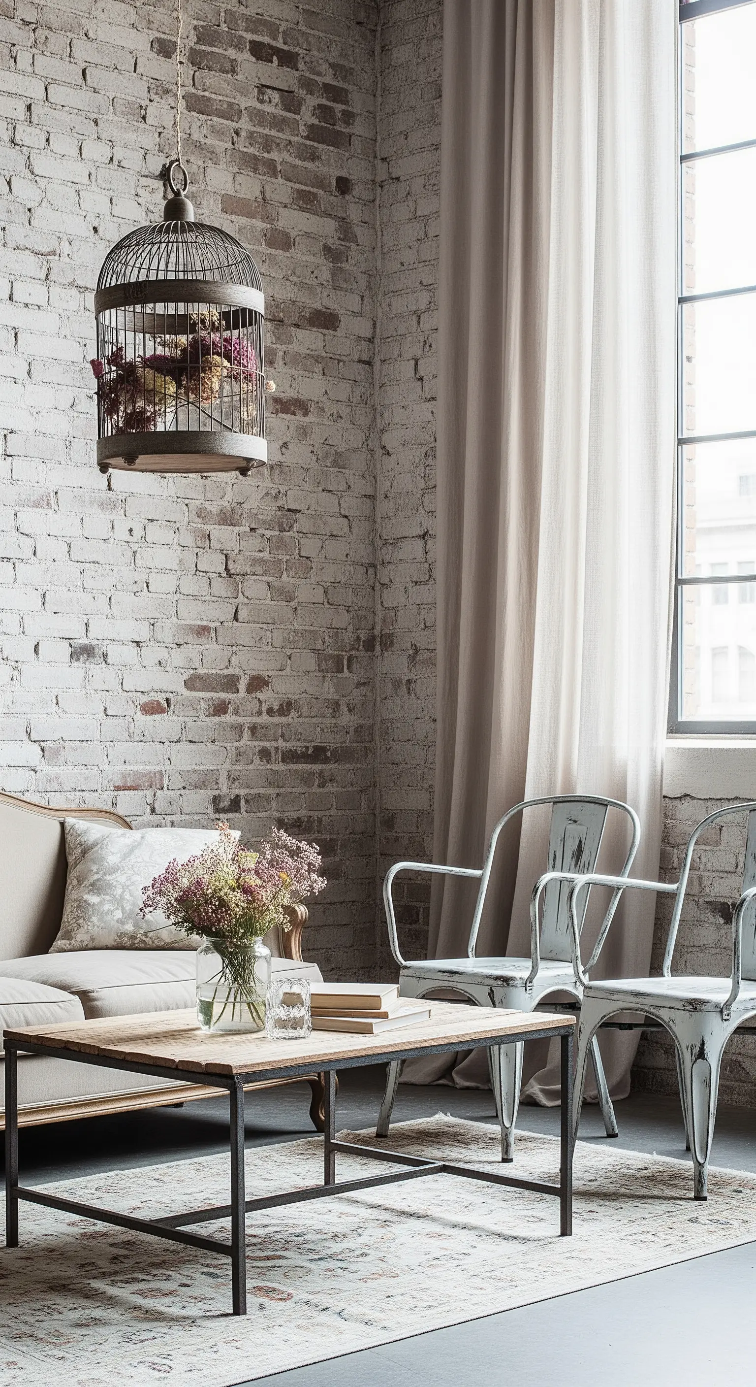 Soggiorno con parete di mattoni a vista, sedie in metallo e dettagli shabby.