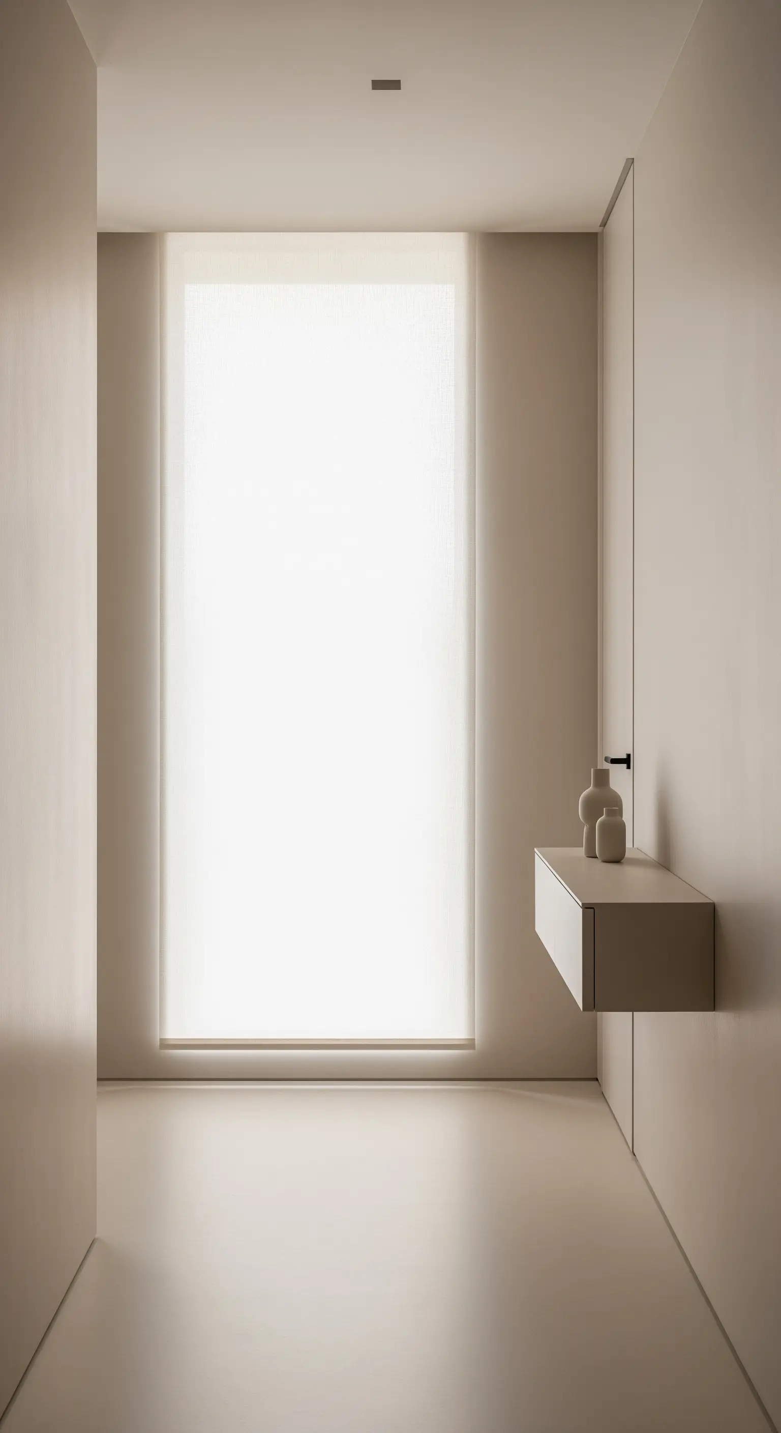 Ingresso ultra-minimalista con una grande finestra a pannello traslucido e una consolle sospesa.