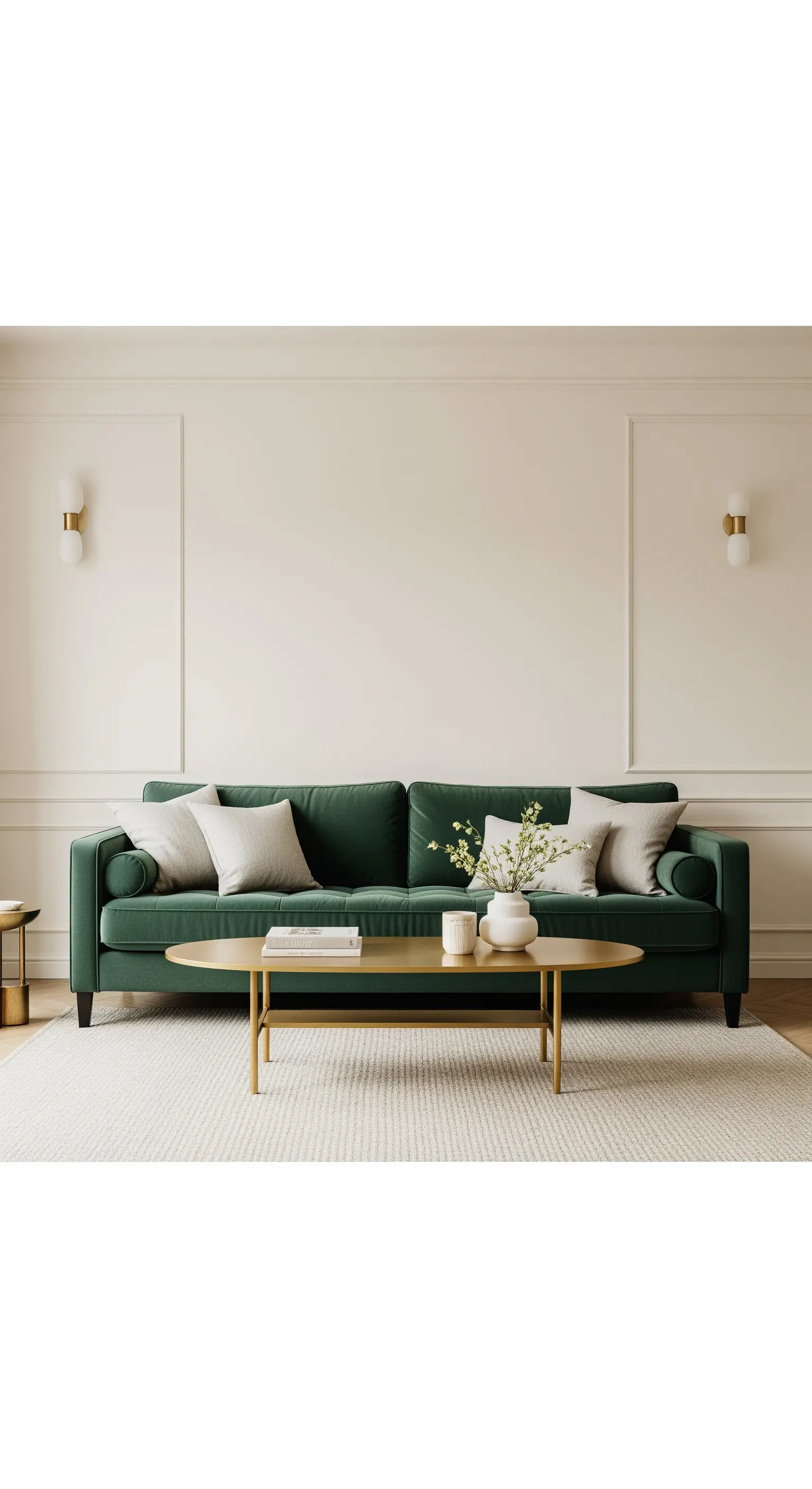 Divano verde in velluto in un soggiorno minimalista color crema con tavolino ovale in ottone.