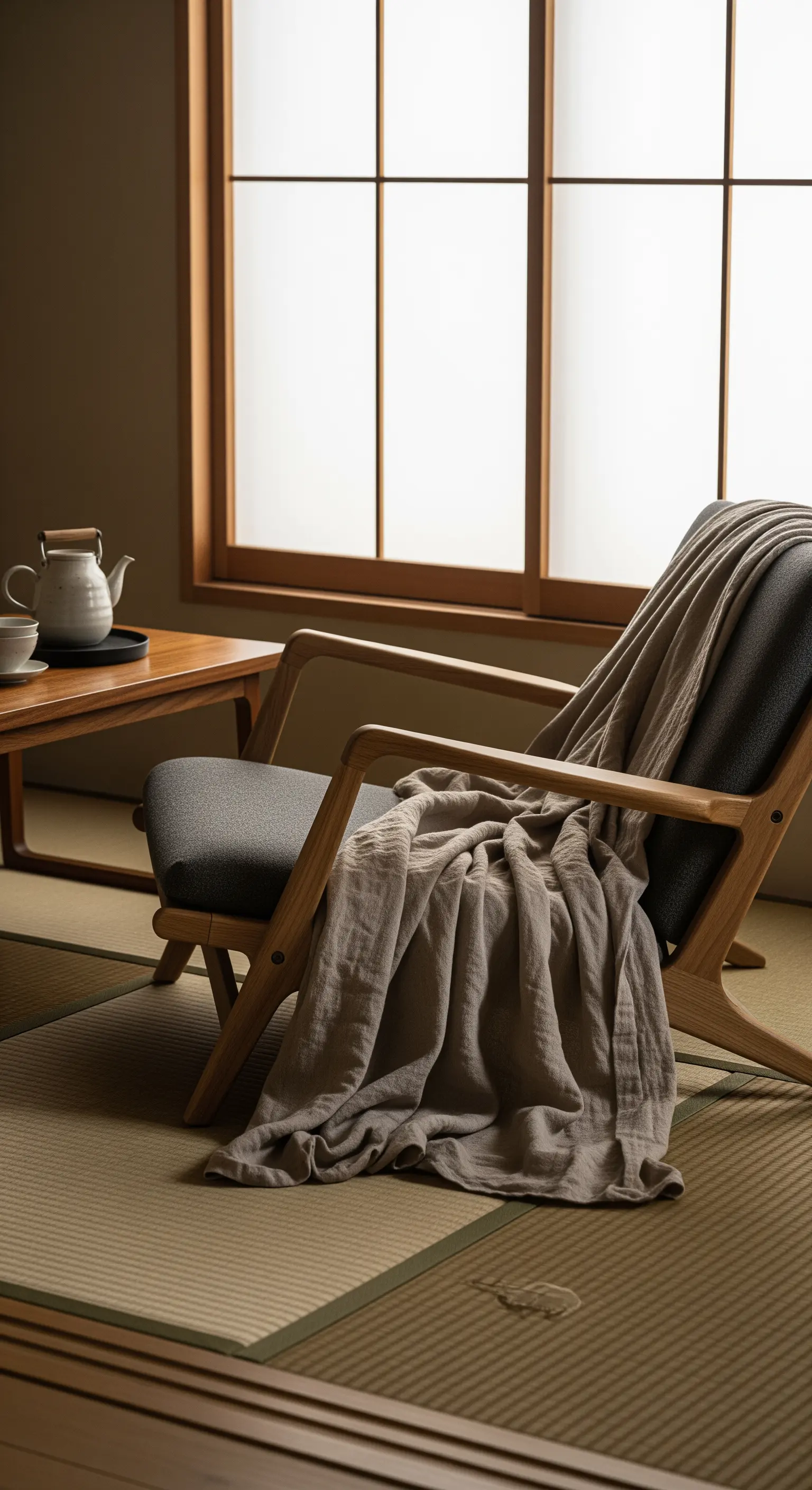 Poltrona bassa in legno e tessuto grigio in un ambiente con pannelli Shoji e pavimento in tatami.