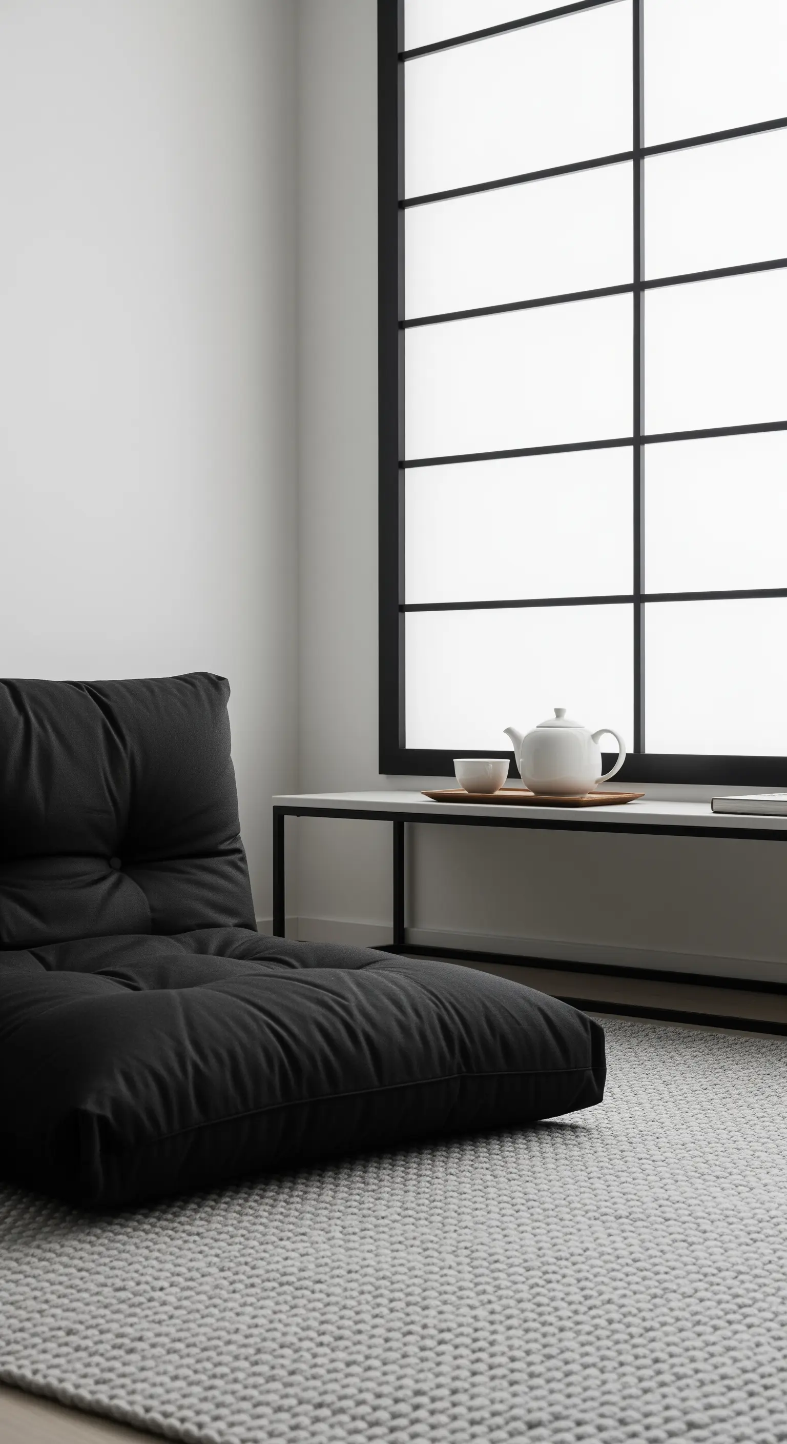 Futon nero e teiera bianca in un ambiente minimal con finestra a griglia.