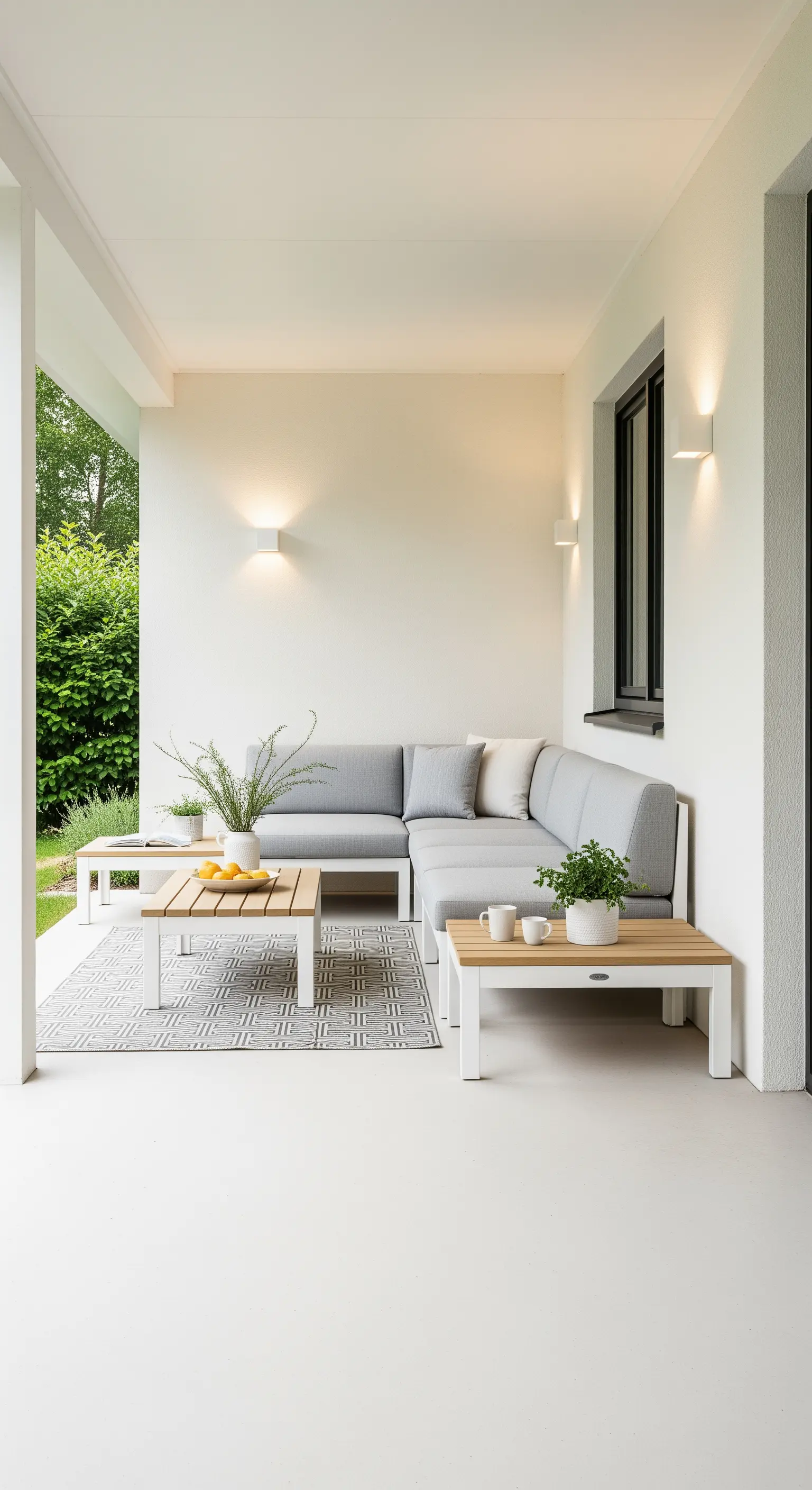 Portico bianco con divano grigio, tavolini in legno chiaro e tappeto geometrico