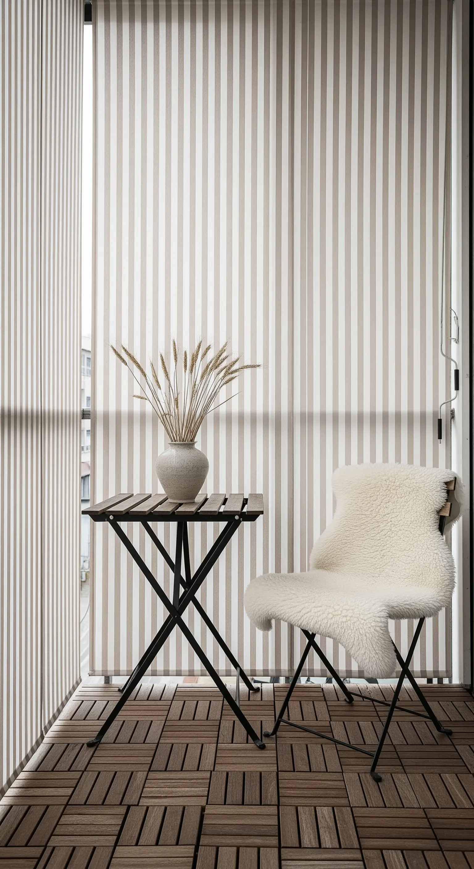 Balcone minimalista con tende a pannelli, tavolino nero e sedia con pelle di pecora.