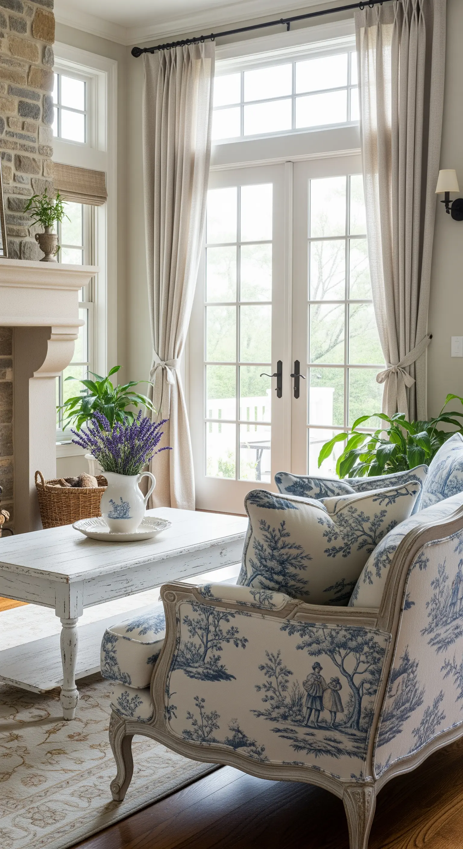 Divano in stile francese con tende in lino raccolte ai lati di una porta finestra.