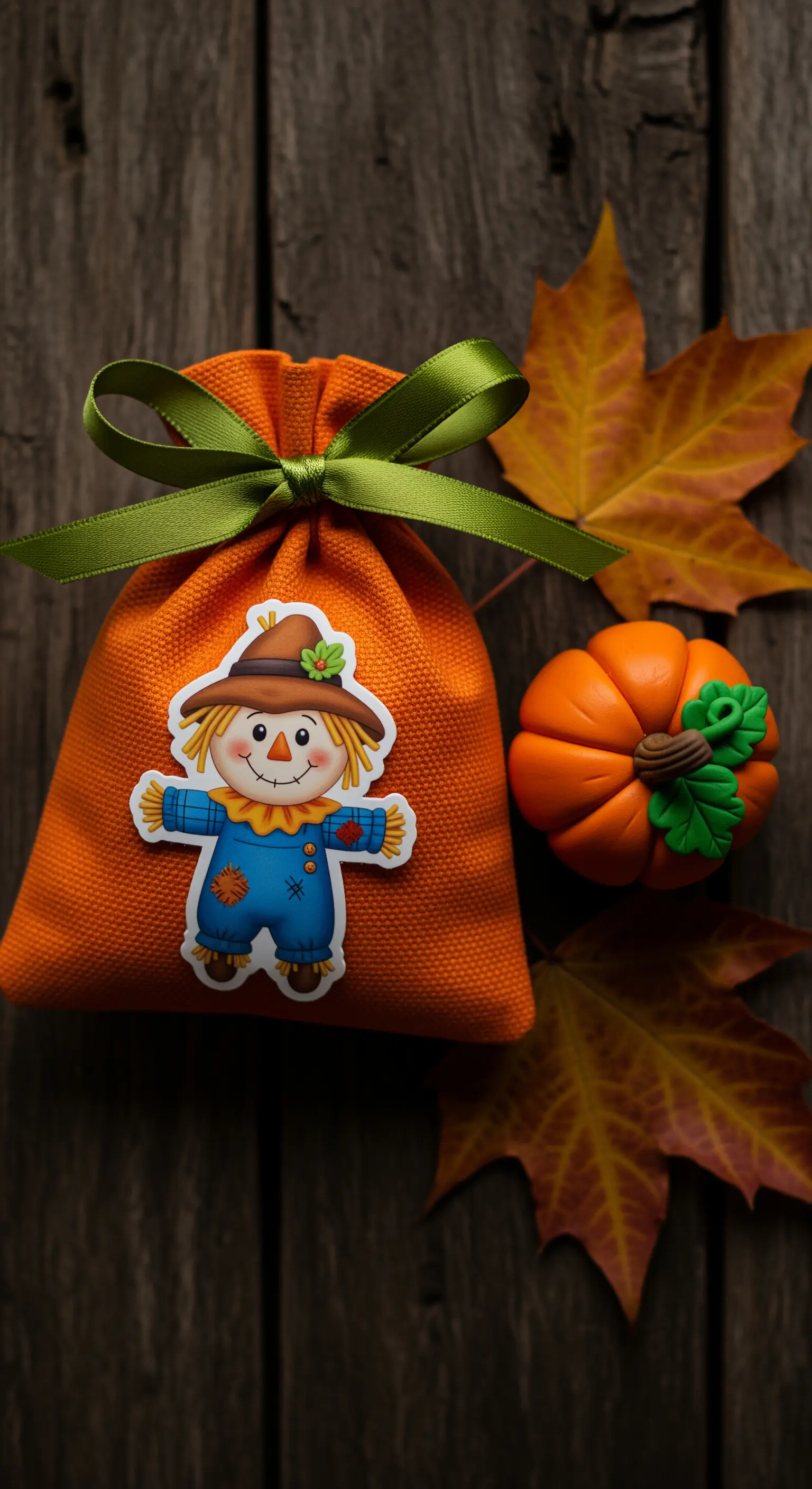 Sacchetto regalo arancione a tema autunnale con adesivo di uno spaventapasseri e una zucca.