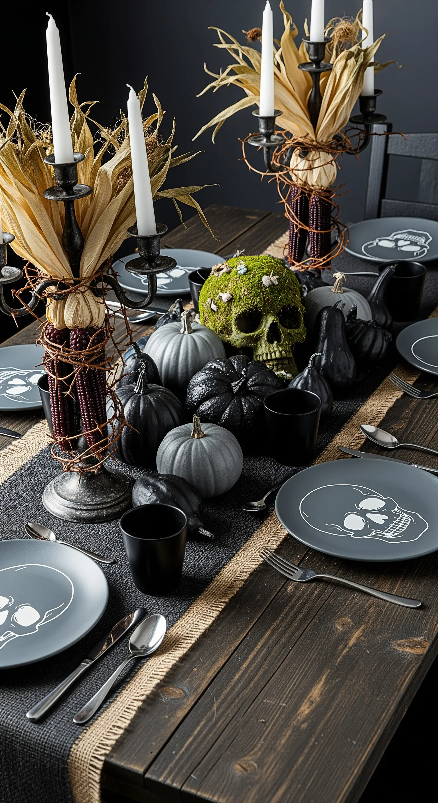 Tavola autunnale gotica con zucche nere e grigie e runner di juta.