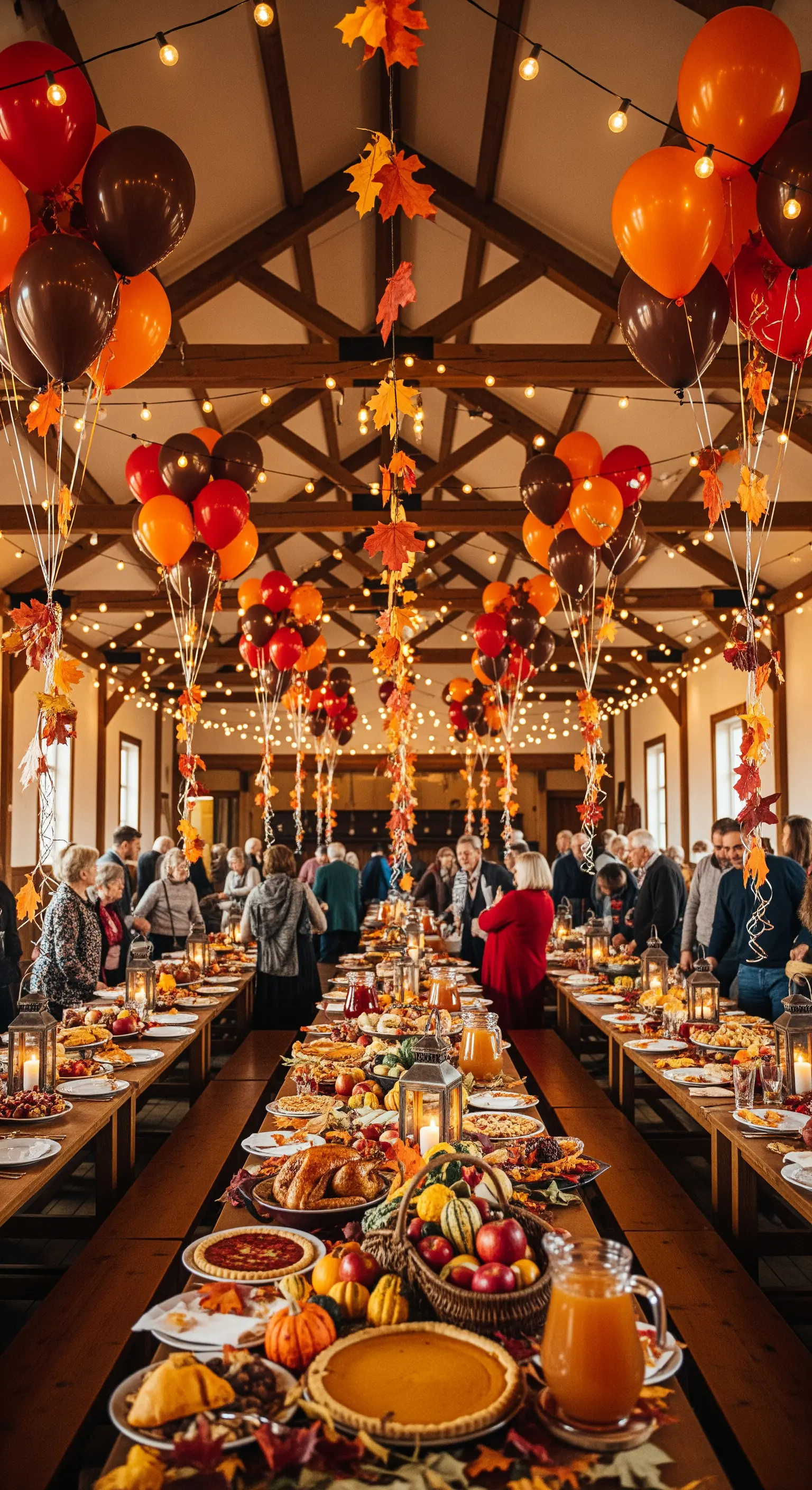 Una sala per banchetti con palloncini arancioni e marroni e ghirlande di foglie autunnali.