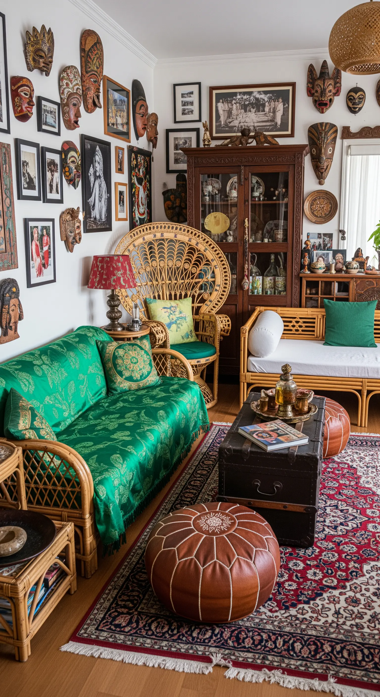 Salotto eclettico con una parete ricoperta di maschere tribali, foto e arte etnica.
