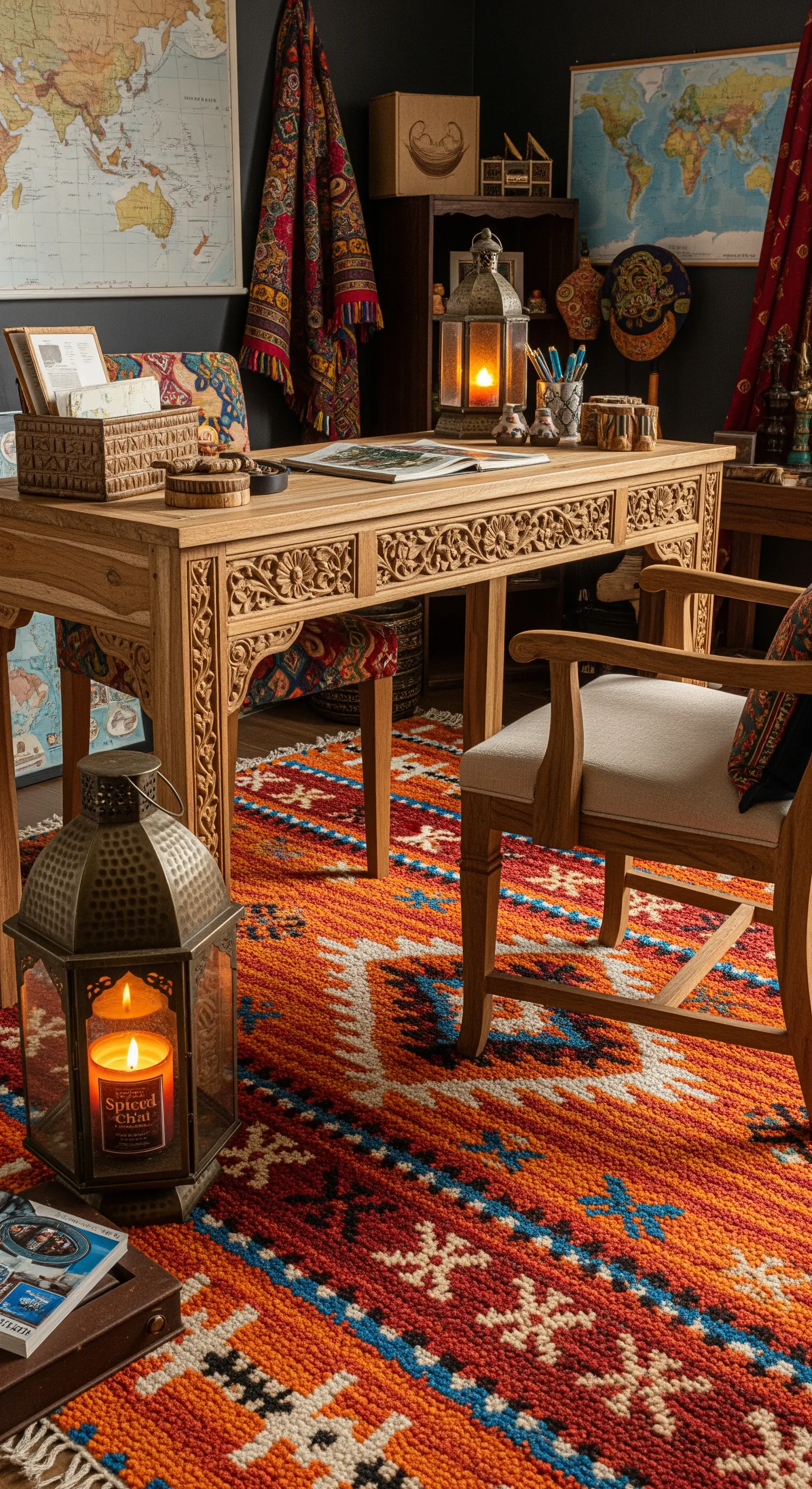 Studio a tema viaggio con scrivania in legno intagliato e un colorato tappeto kilim.