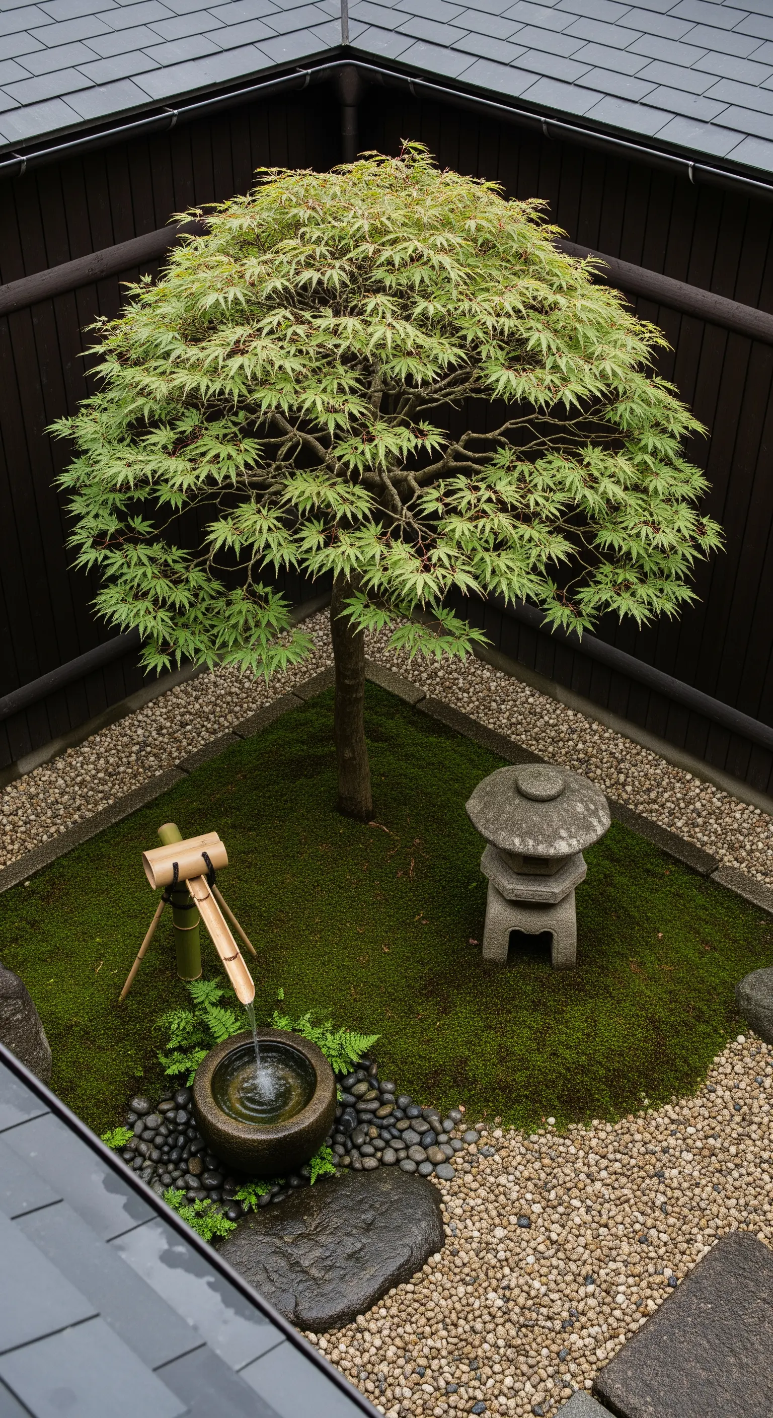Piccolo angolo di giardino zen con acero, lanterna in pietra e fontana in bambù.