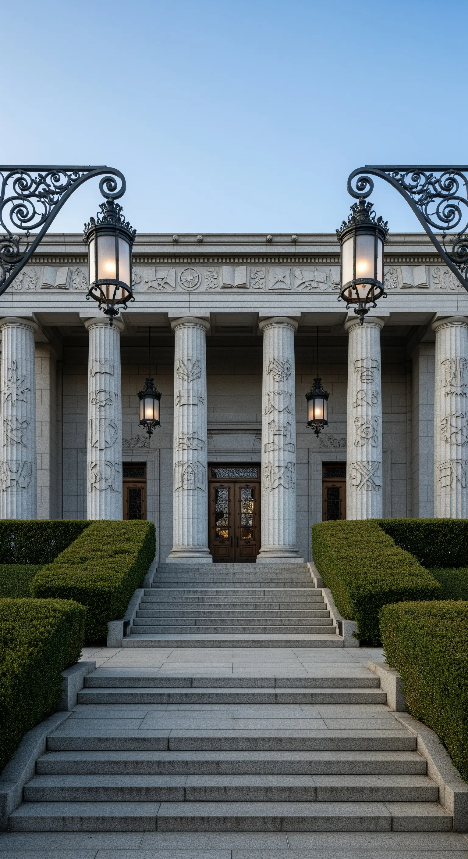 Imponente ingresso con colonne in pietra scolpite con bassorilievi e grandi lanterne in ferro battuto