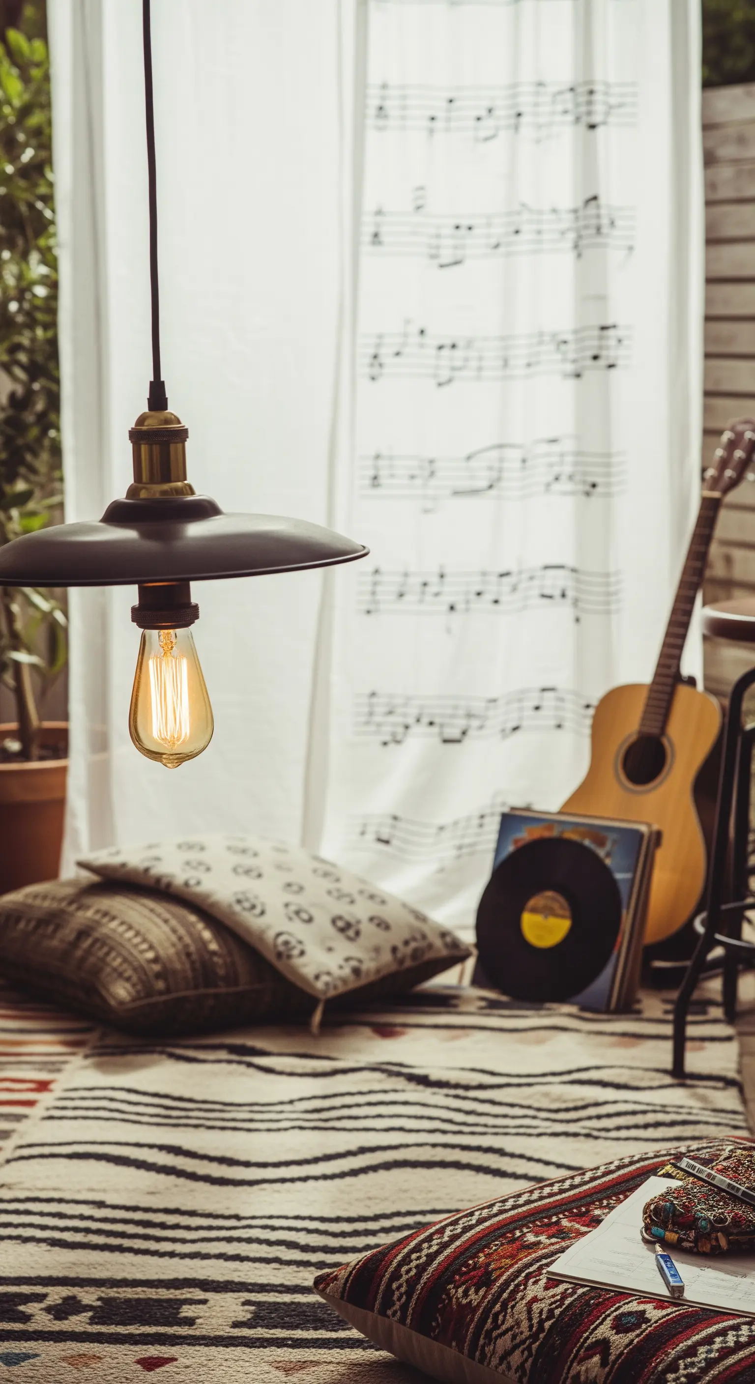 Angolo bohémien con cuscini a terra, chitarra, vinili e una tenda con spartito musicale.