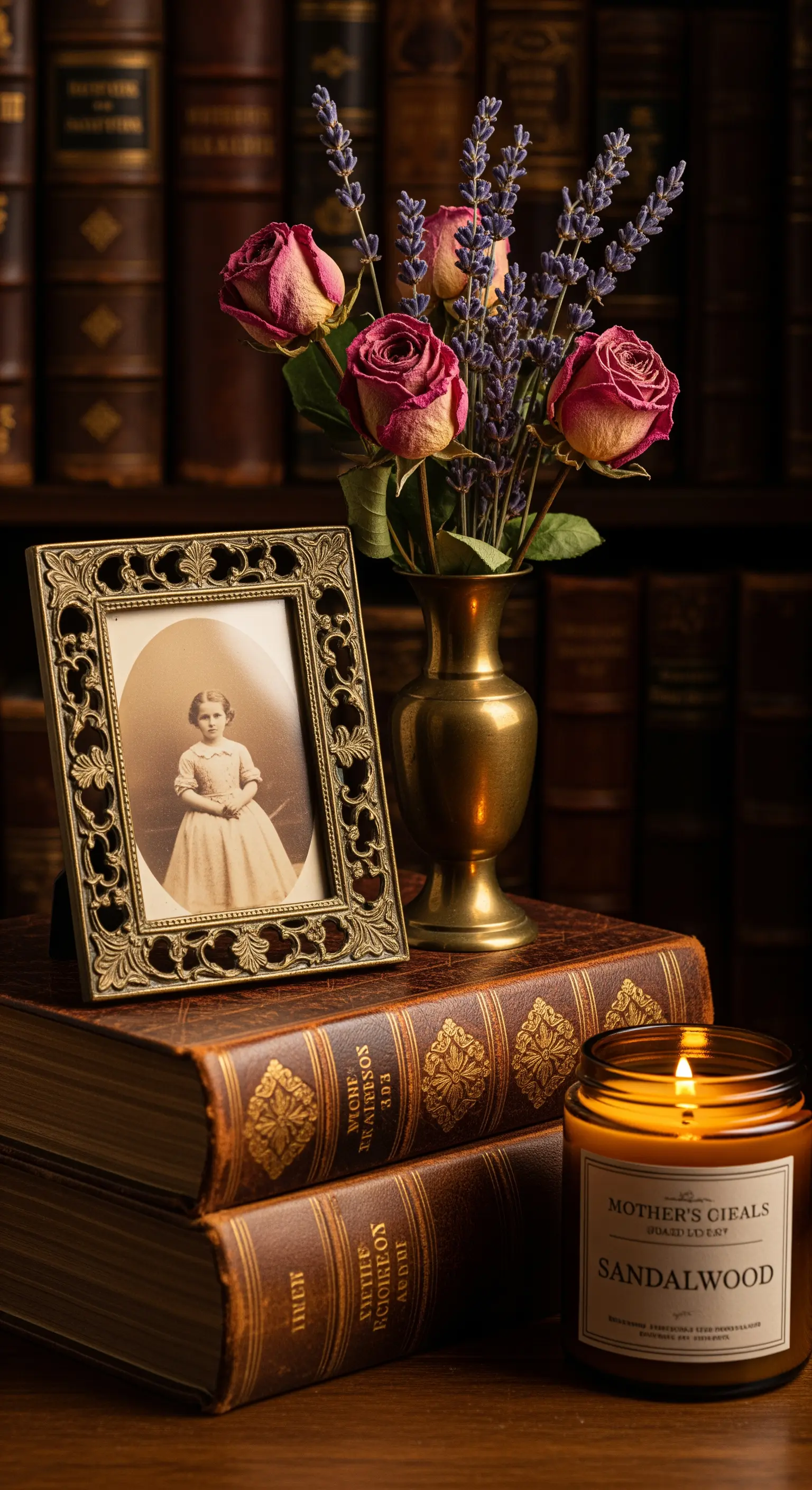Angolo vintage con libri antichi, cornice in ottone, rose secche e una candela profumata.