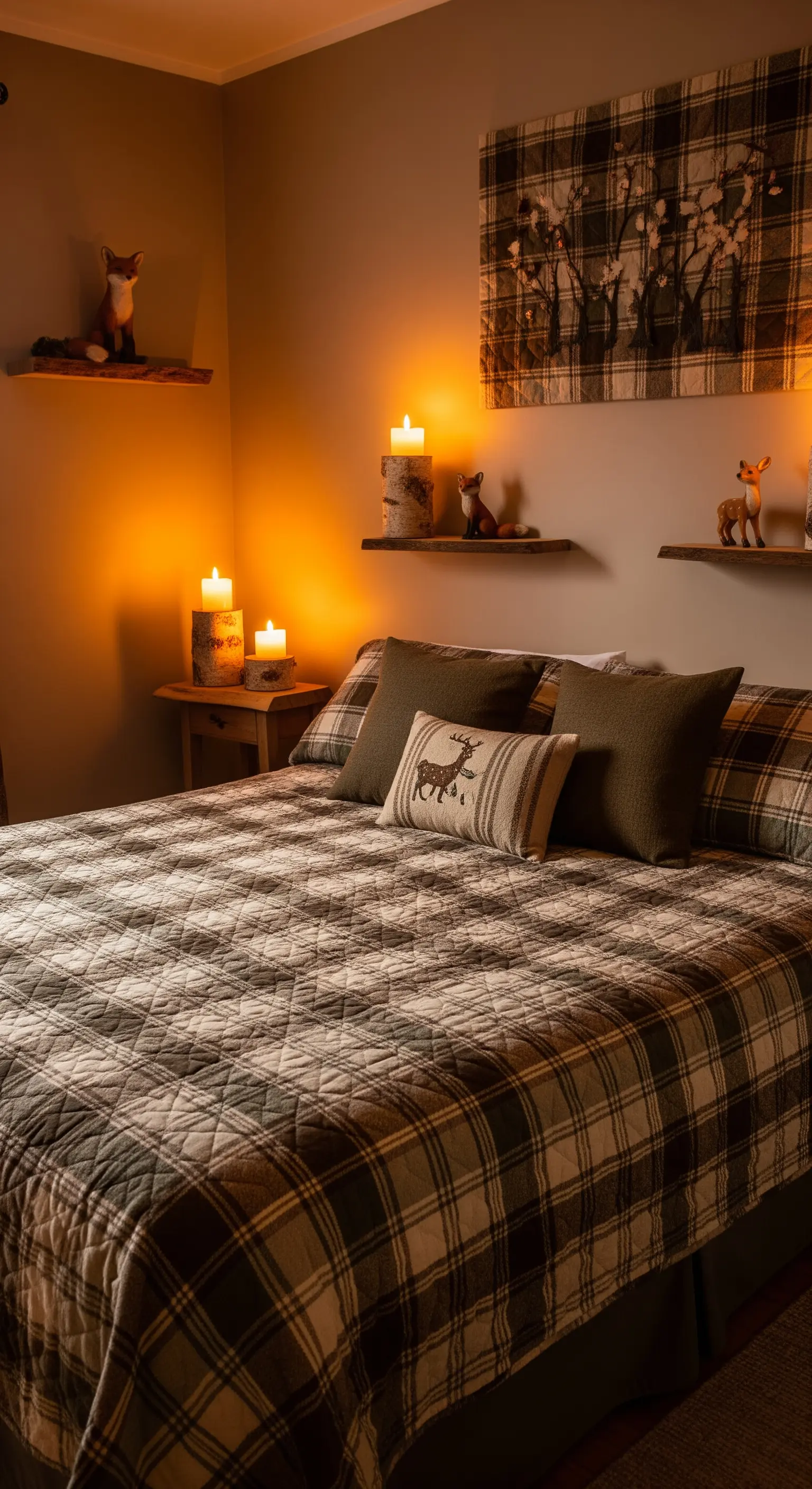 Letto con trapunta a quadri e cuscino a tema cervo, con candele su supporti di betulla.