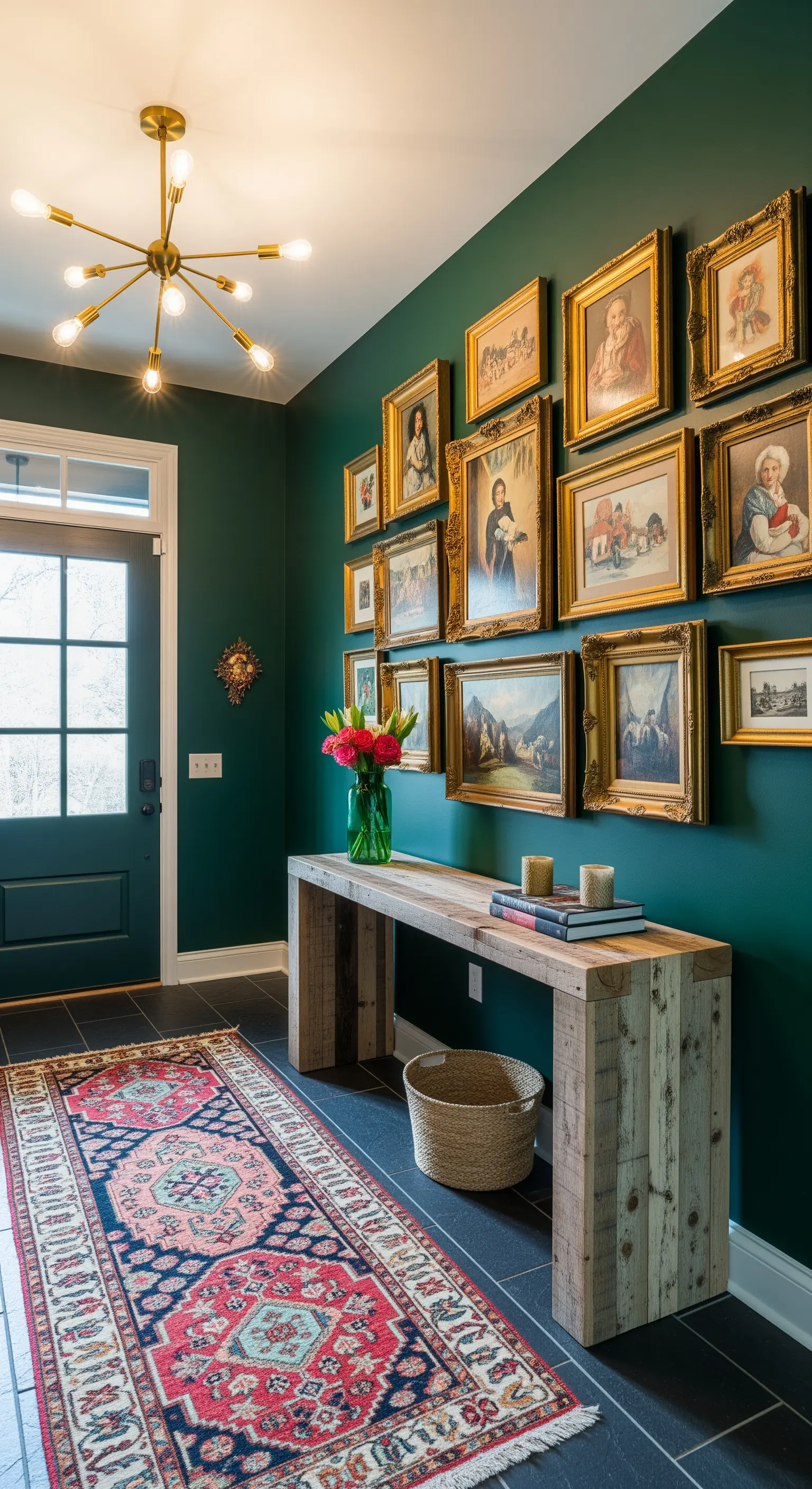 Ingresso con pareti verde petrolio, consolle in legno rustico e galleria di ritratti vintage.