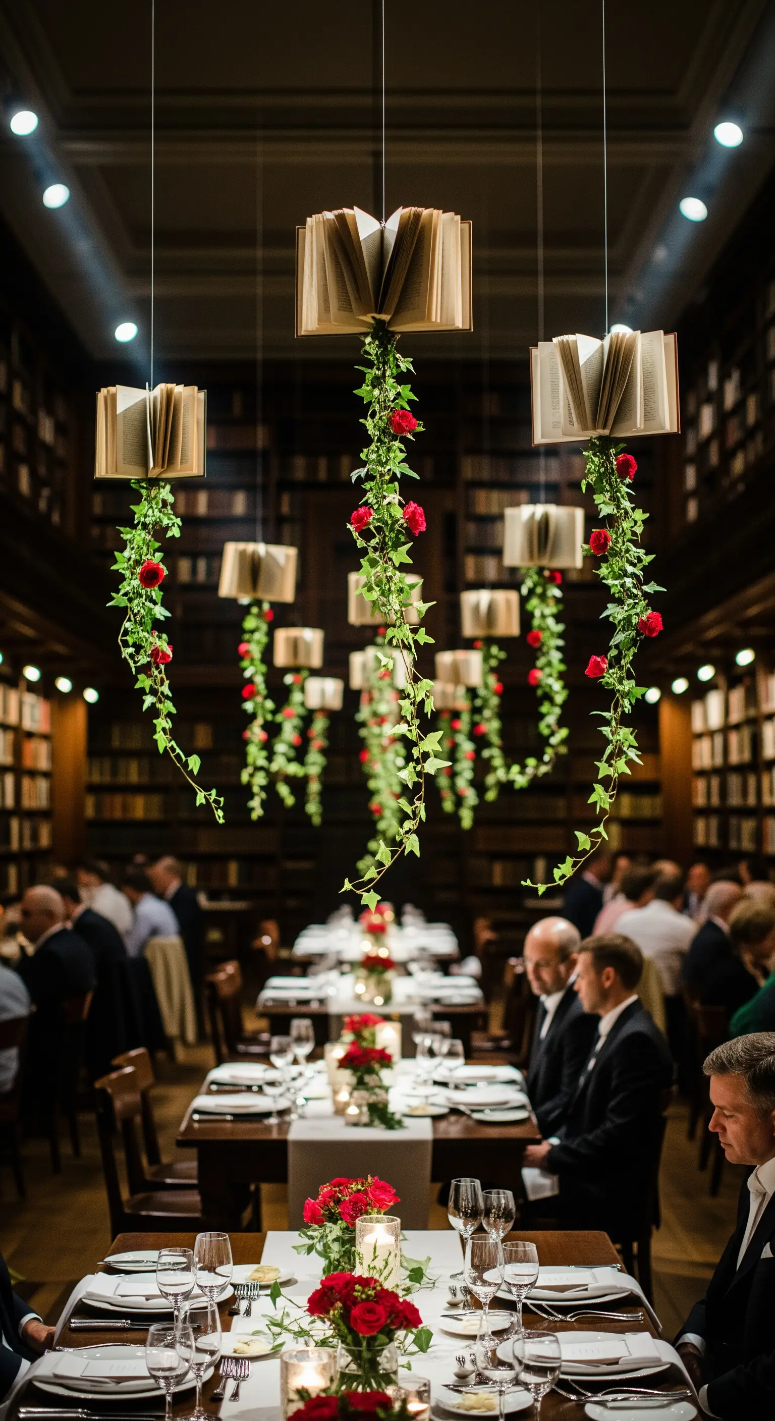 Libri aperti sospesi dal soffitto di una biblioteca, con cascate di edera e rose rosse.