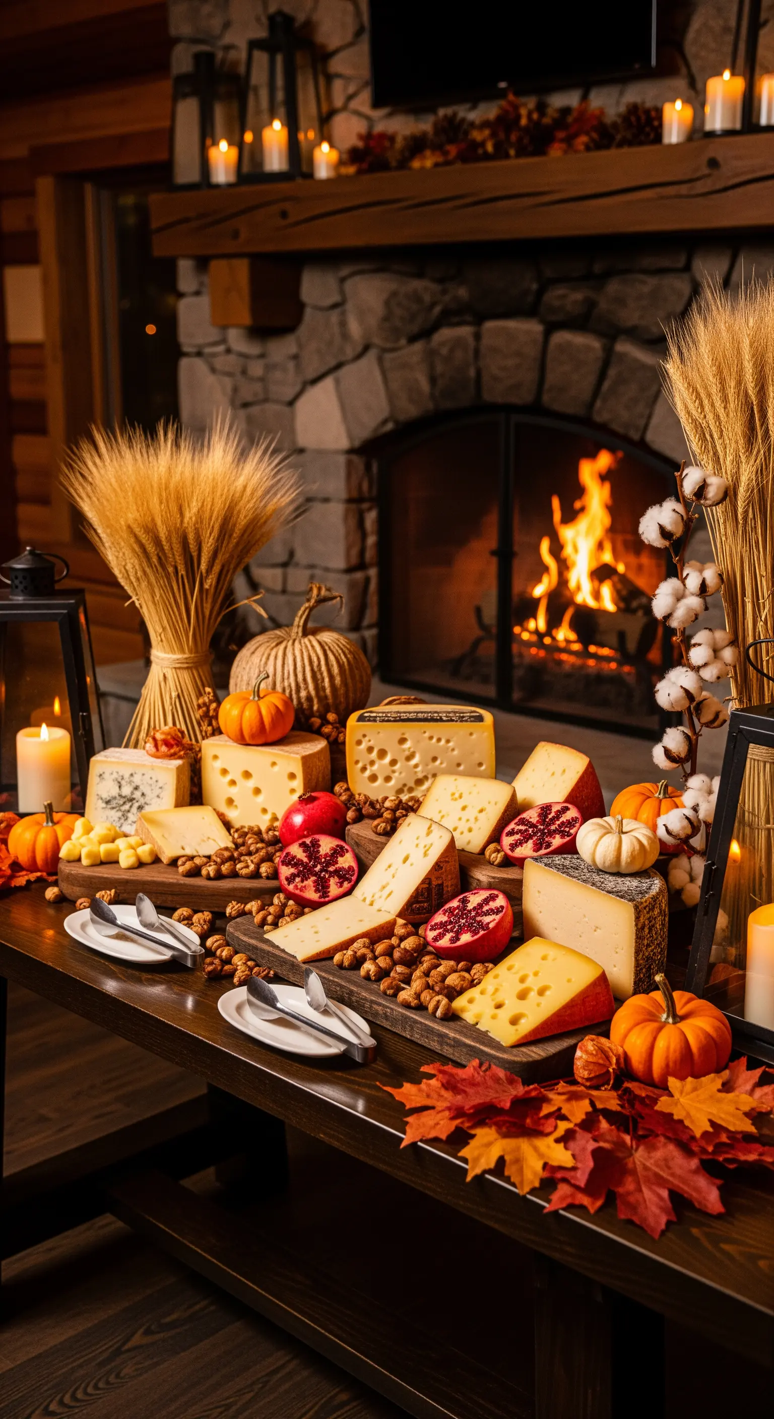 Buffet autunnale con formaggi, zucche e spighe di grano davanti a un camino acceso.