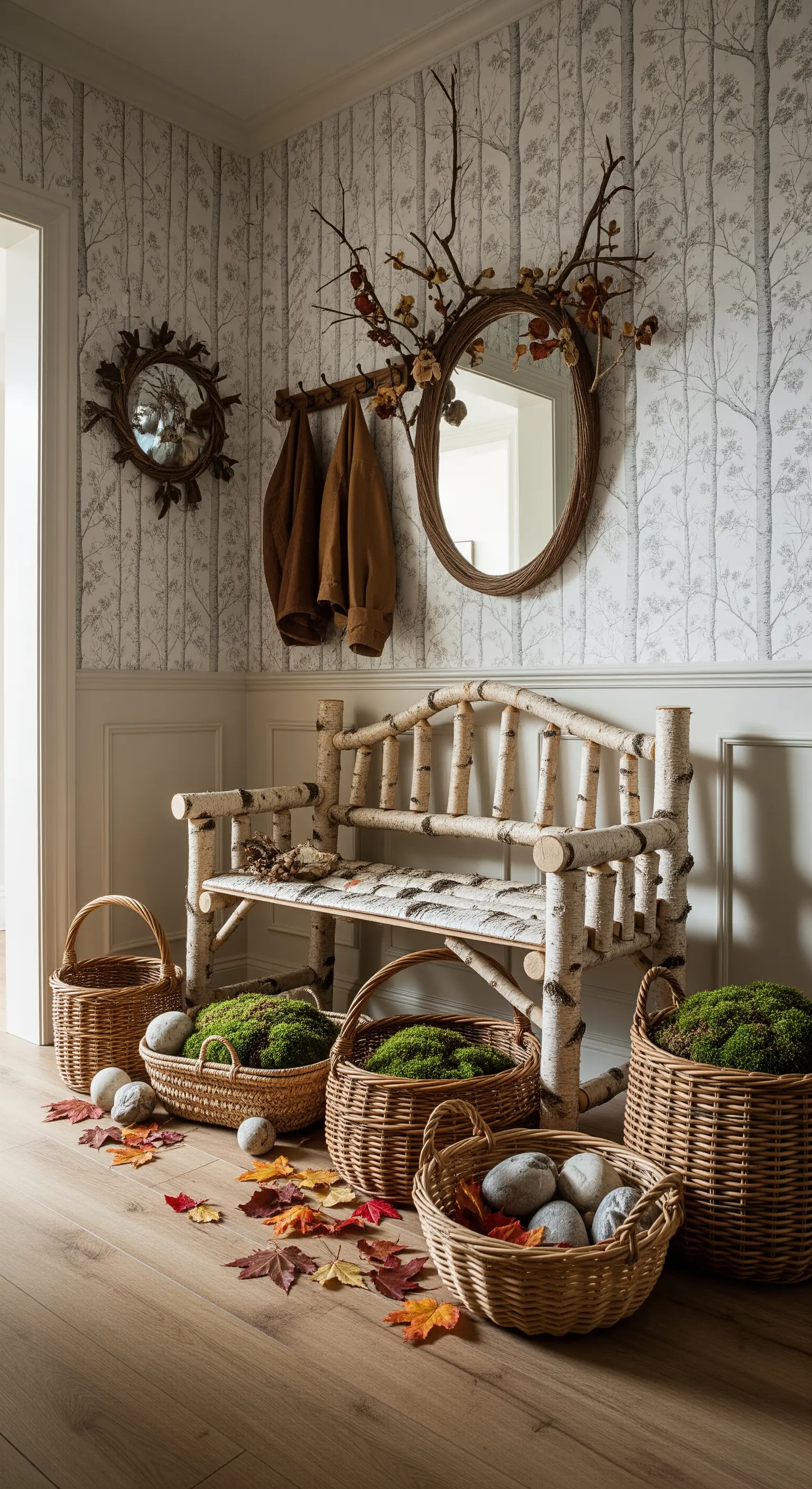 Panca in rami di betulla in un ingresso a tema autunnale con foglie, muschio e specchi decorati.
