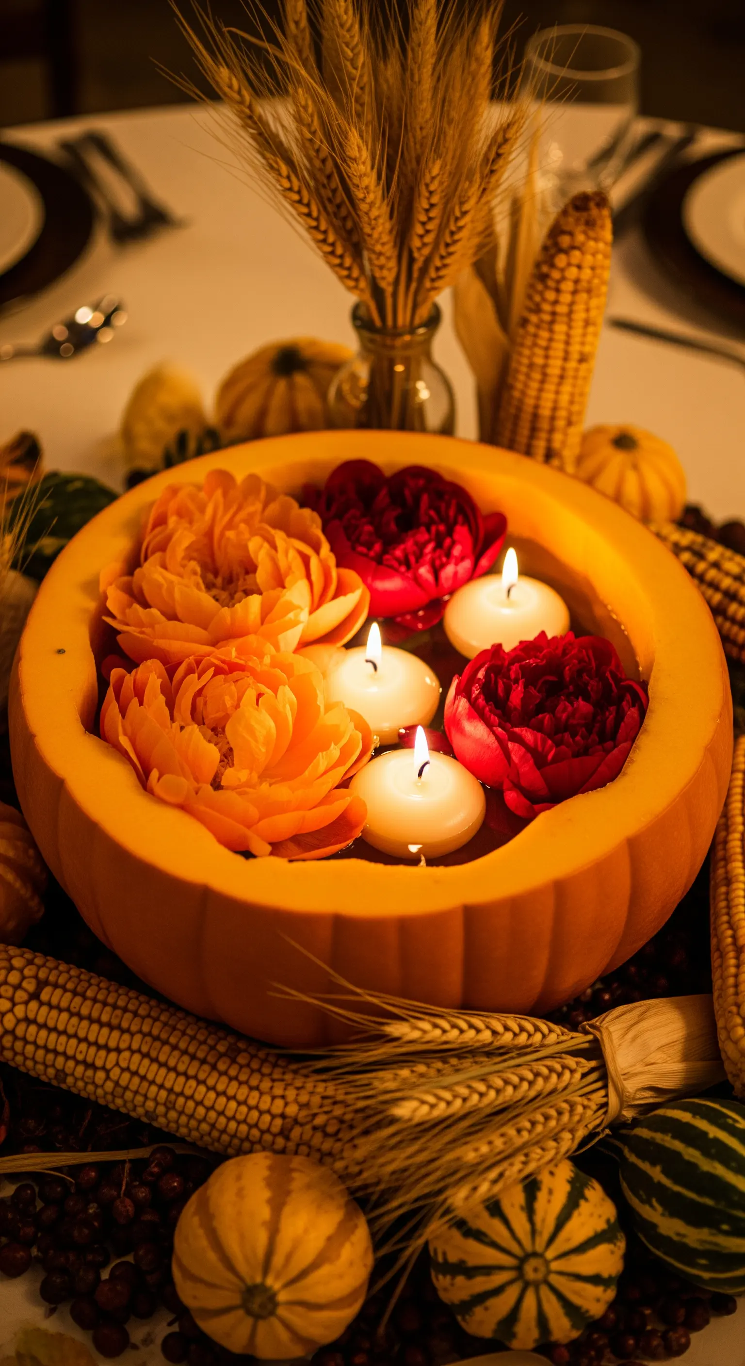 Zucca scavata usata come ciotola per peonie arancio e bordeaux e candele galleggianti.