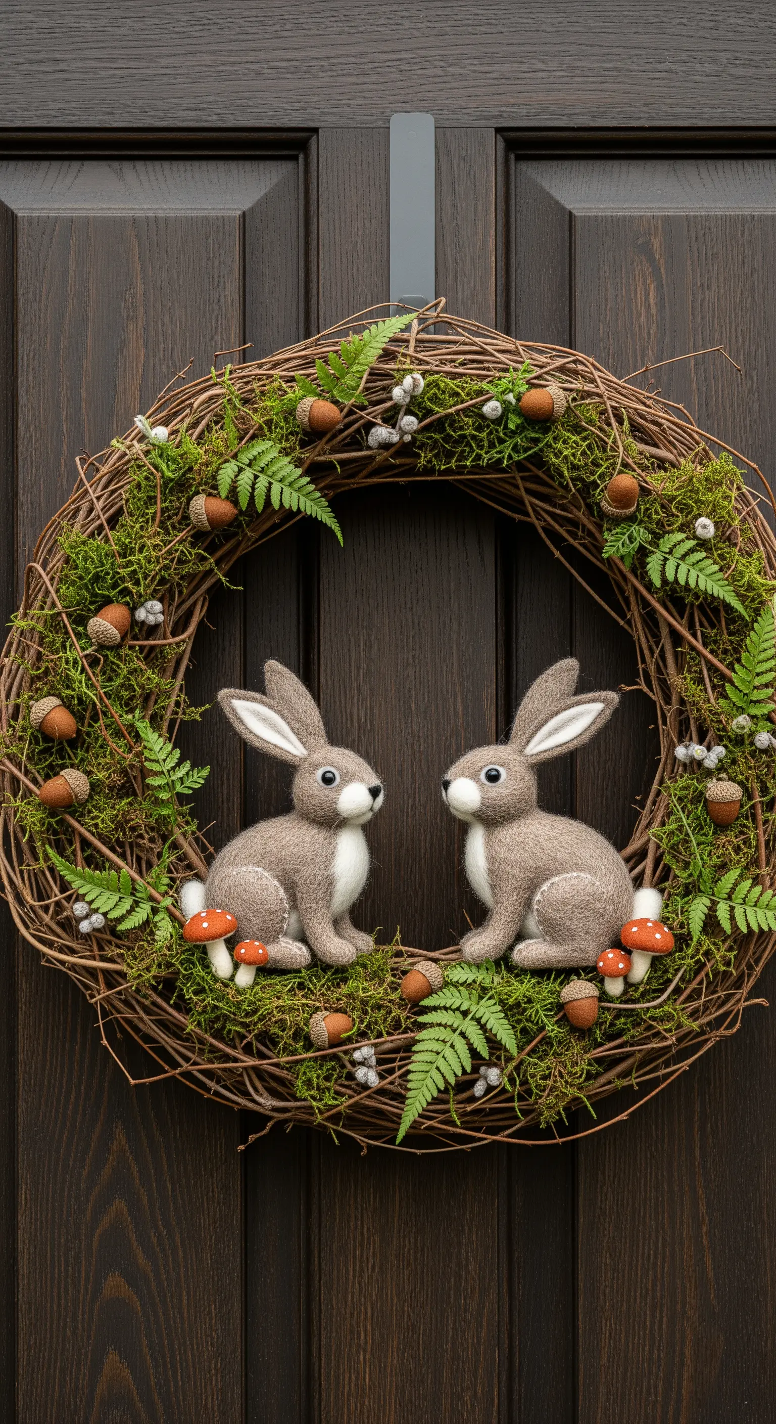 Ghirlanda in stile bosco con muschio, felci, ghiande e due coniglietti grigi.