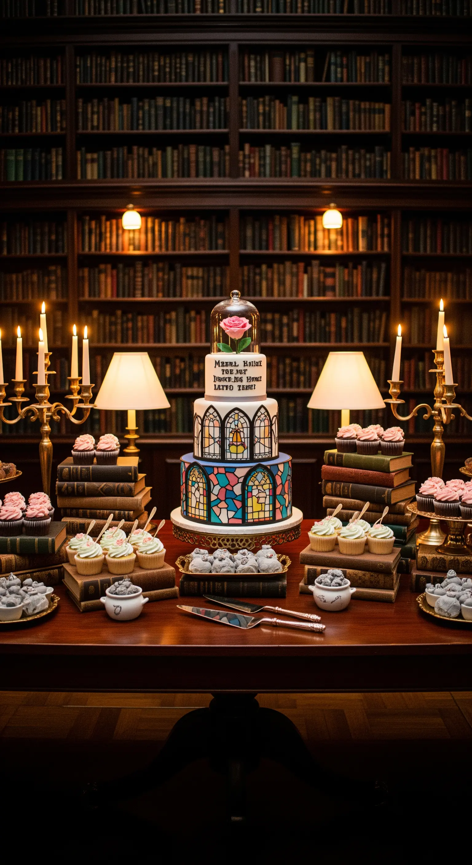 Sweet table a tema letterario in una biblioteca con torta, libri antichi e candelabri.