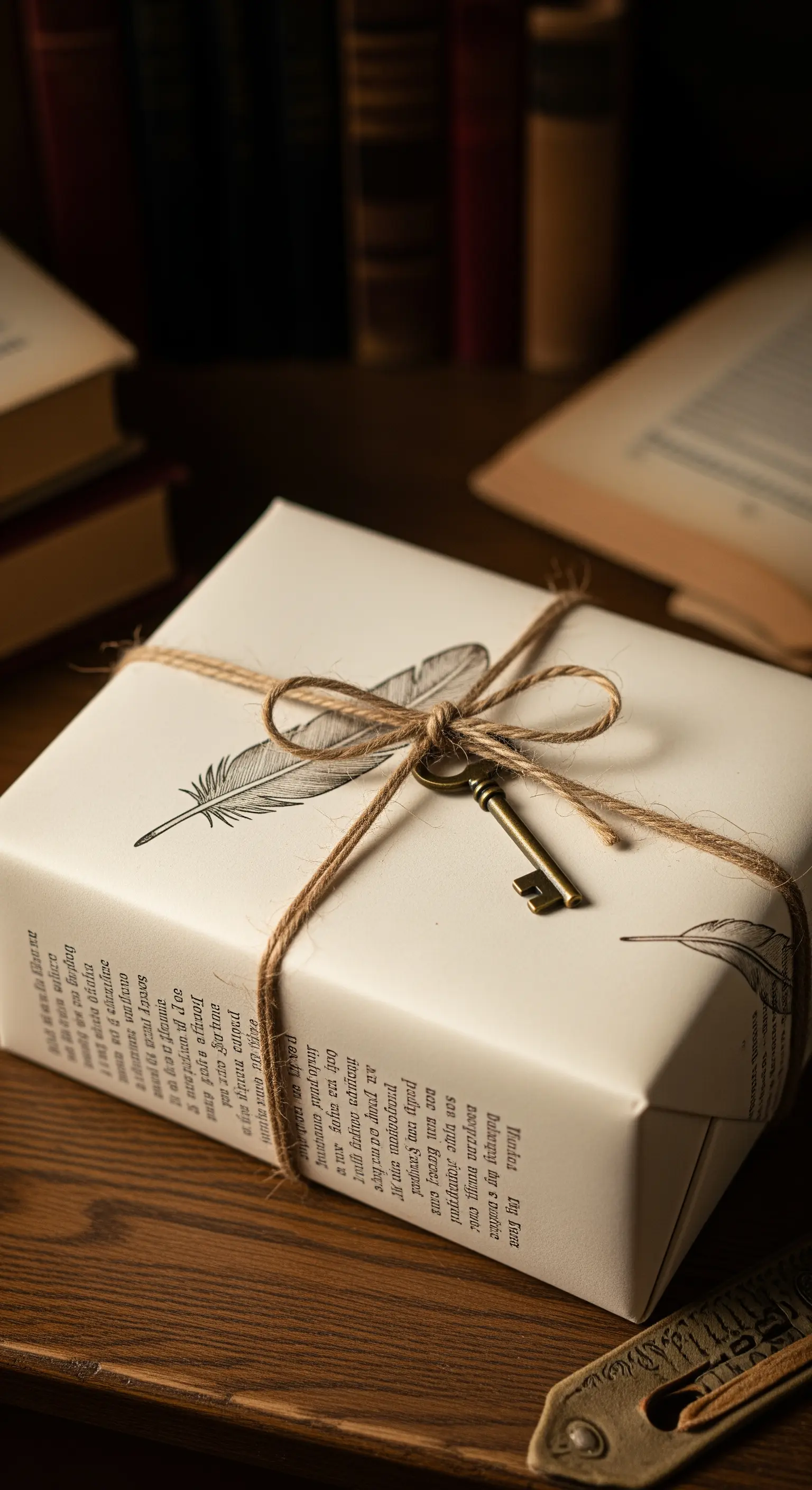 Regalo incartato con carta stampata a testo, spago di iuta e una piccola chiave vintage.