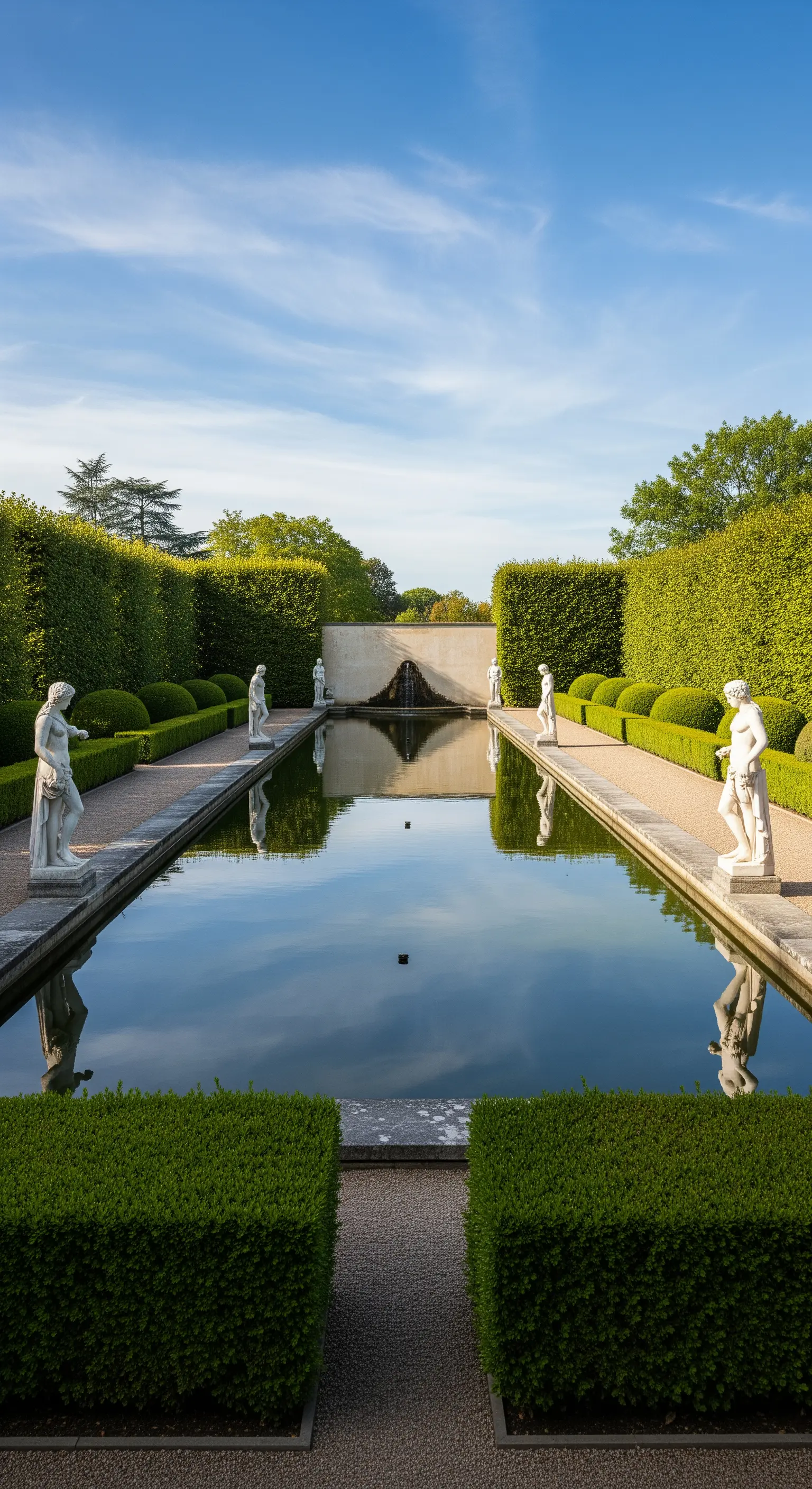 Lungo specchio d'acqua rettangolare che riflette il cielo e le statue classiche disposte ai lati