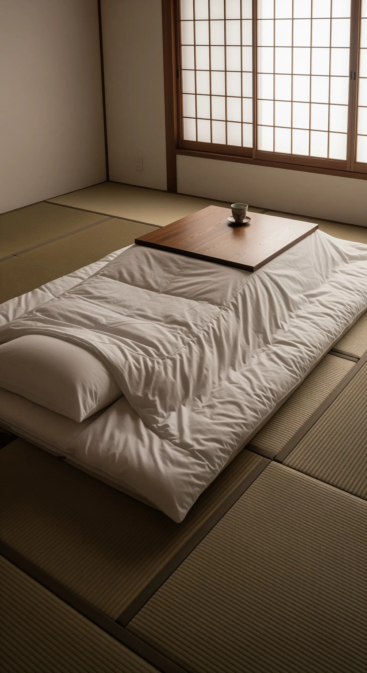 Futon bianco su tatami con un tavolino basso in legno scuro per il tè.