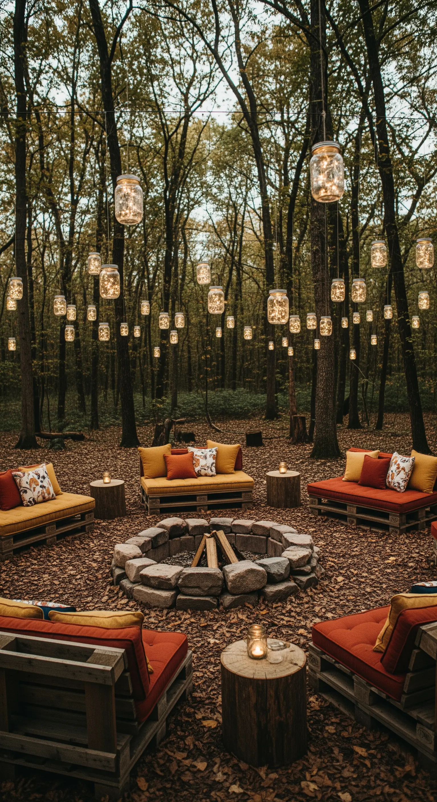 Salotto nel bosco con divani in pallet, un focolare di pietre e barattoli luminosi appesi.