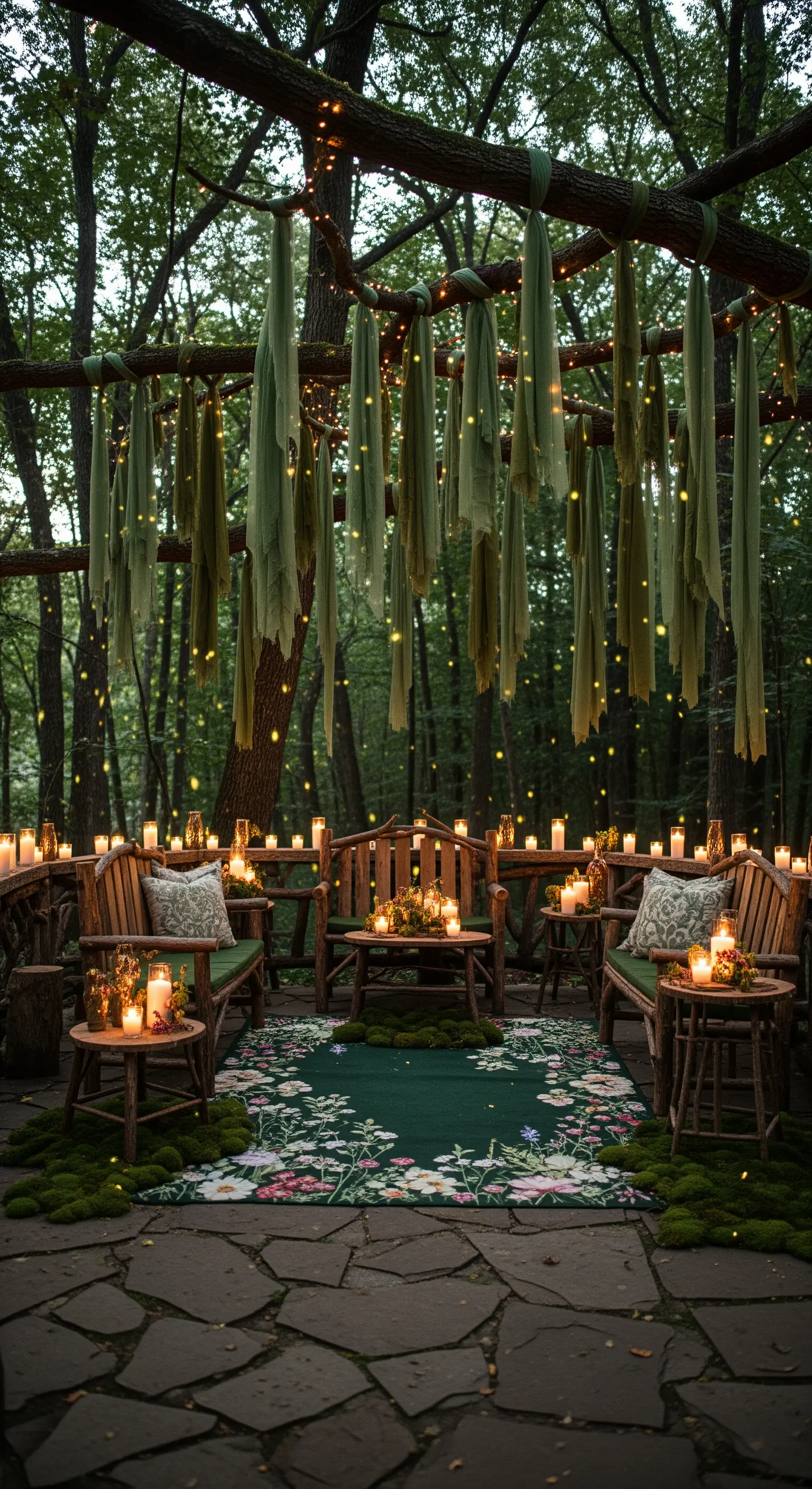 Allestimento notturno in un bosco con panche di legno, tappeto, e tessuti appesi ai rami.