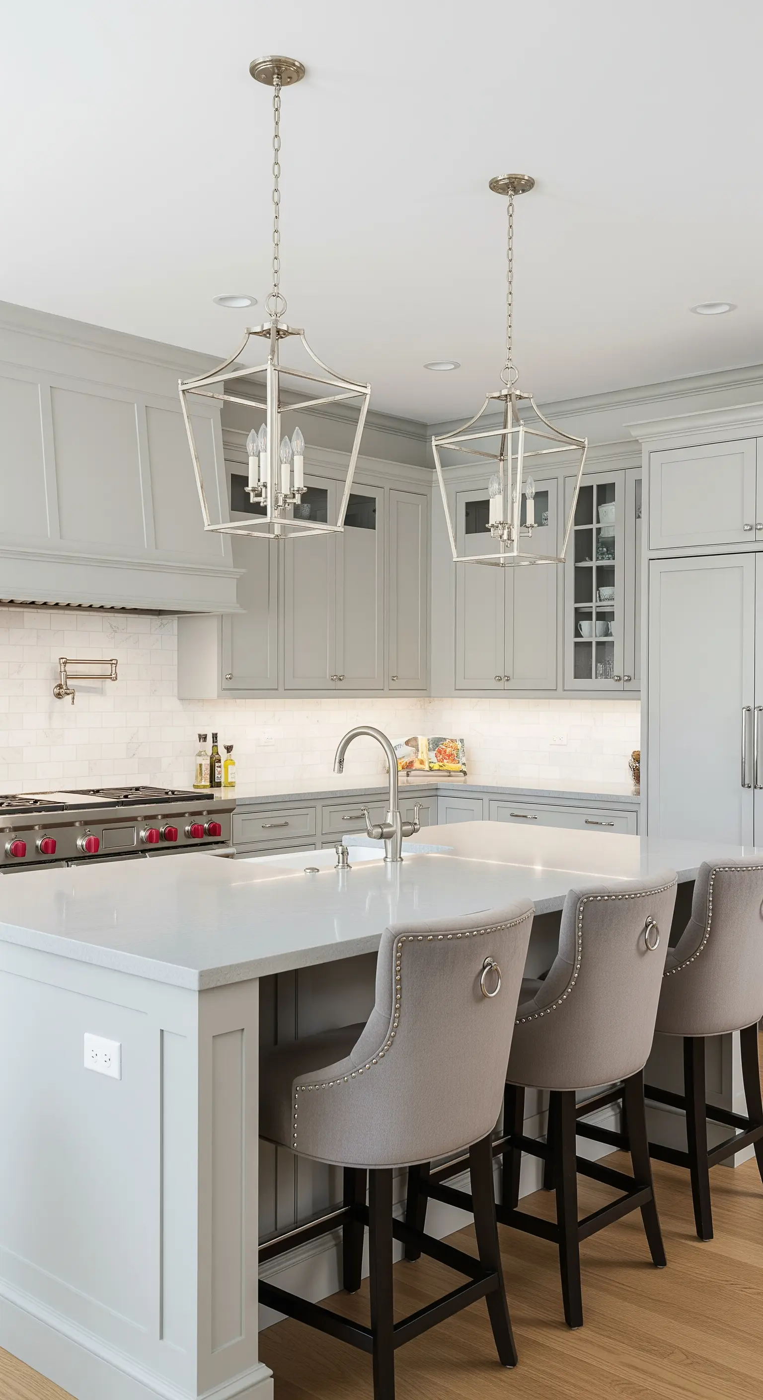 Cucina elegante in diverse tonalità di grigio con sgabelli in velluto borchiati e lampade a lanterna