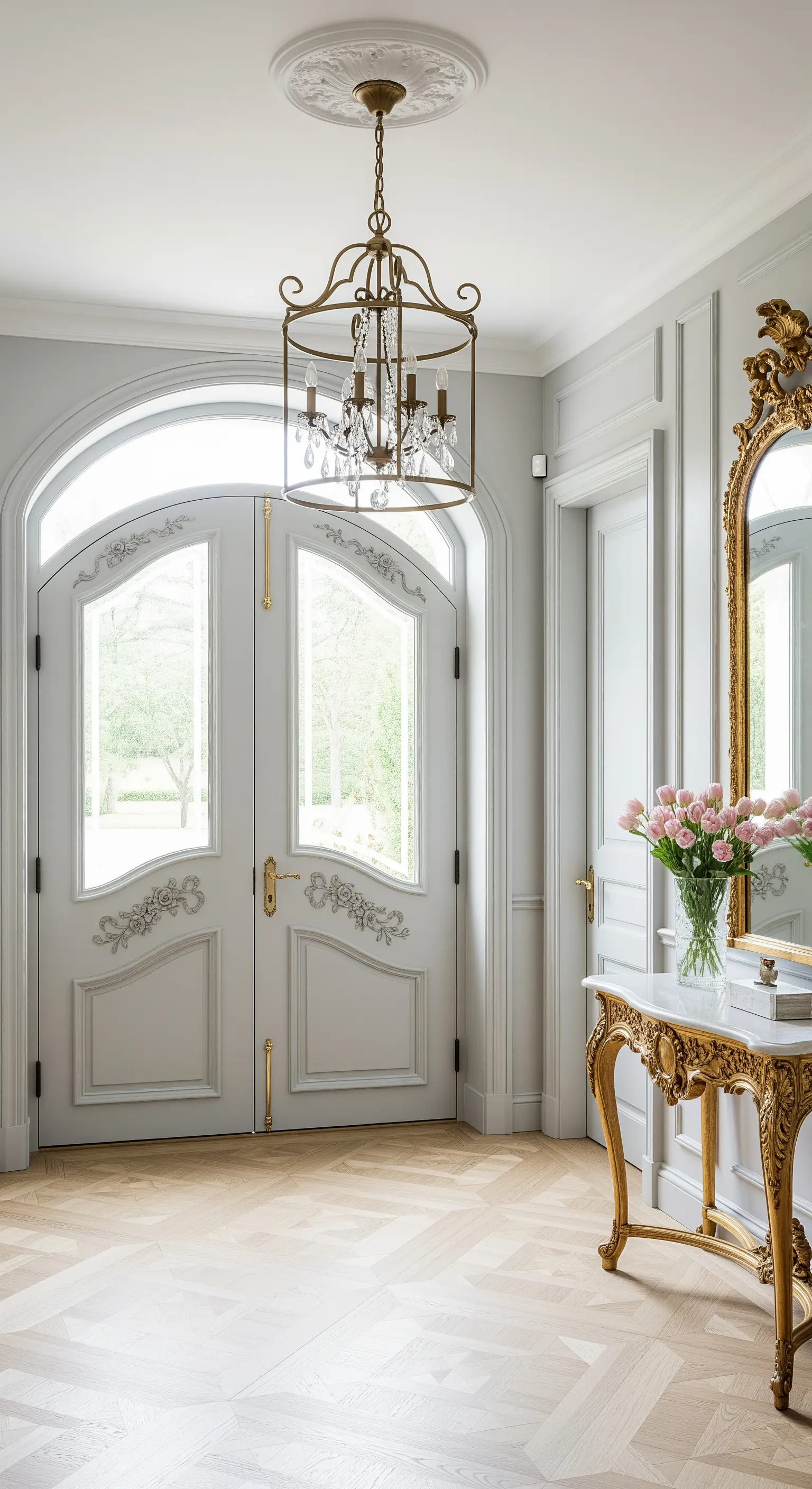 Ingresso parigino con doppie porte grigie, parquet a spina di pesce e consolle dorata con specchio.