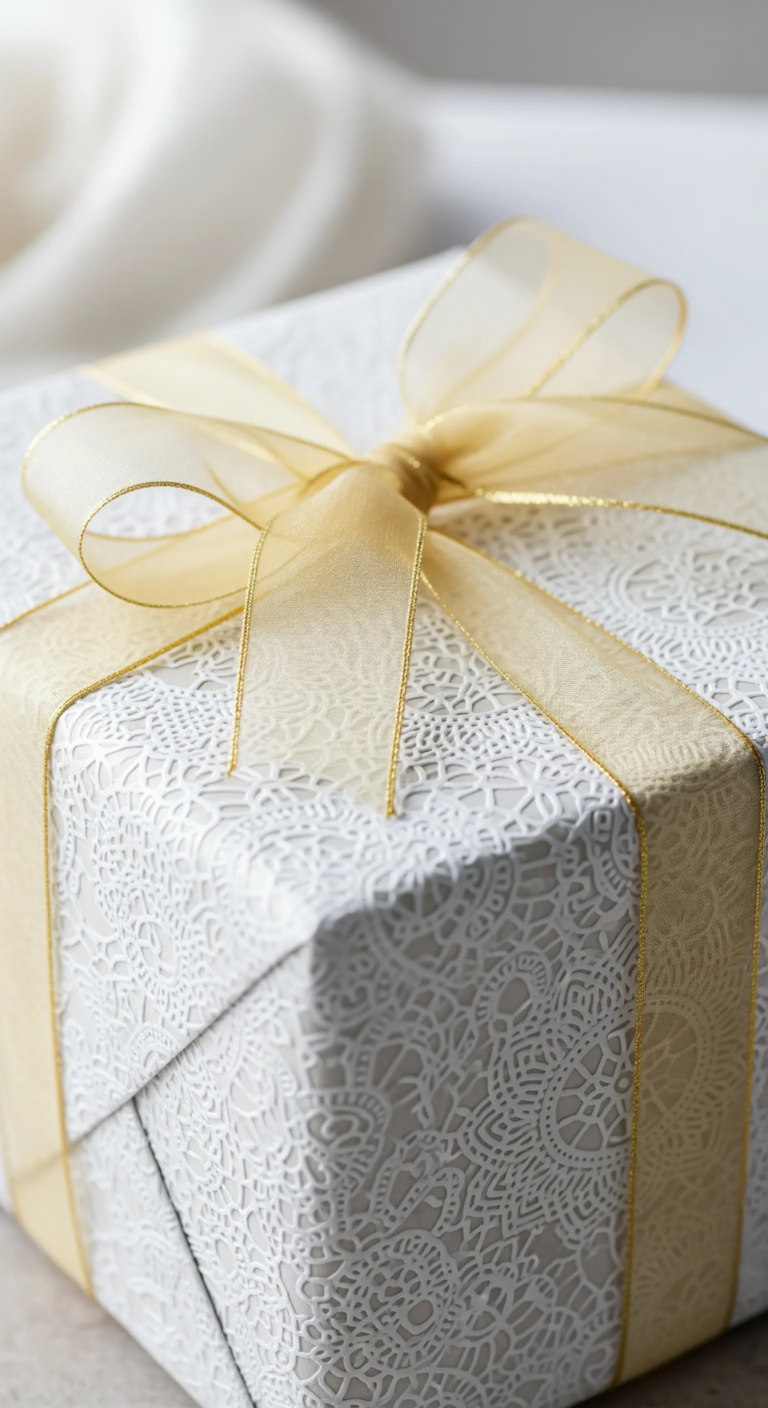 Pacco regalo bianco con carta goffrata a motivo pizzo e un fiocco in organza dorata.