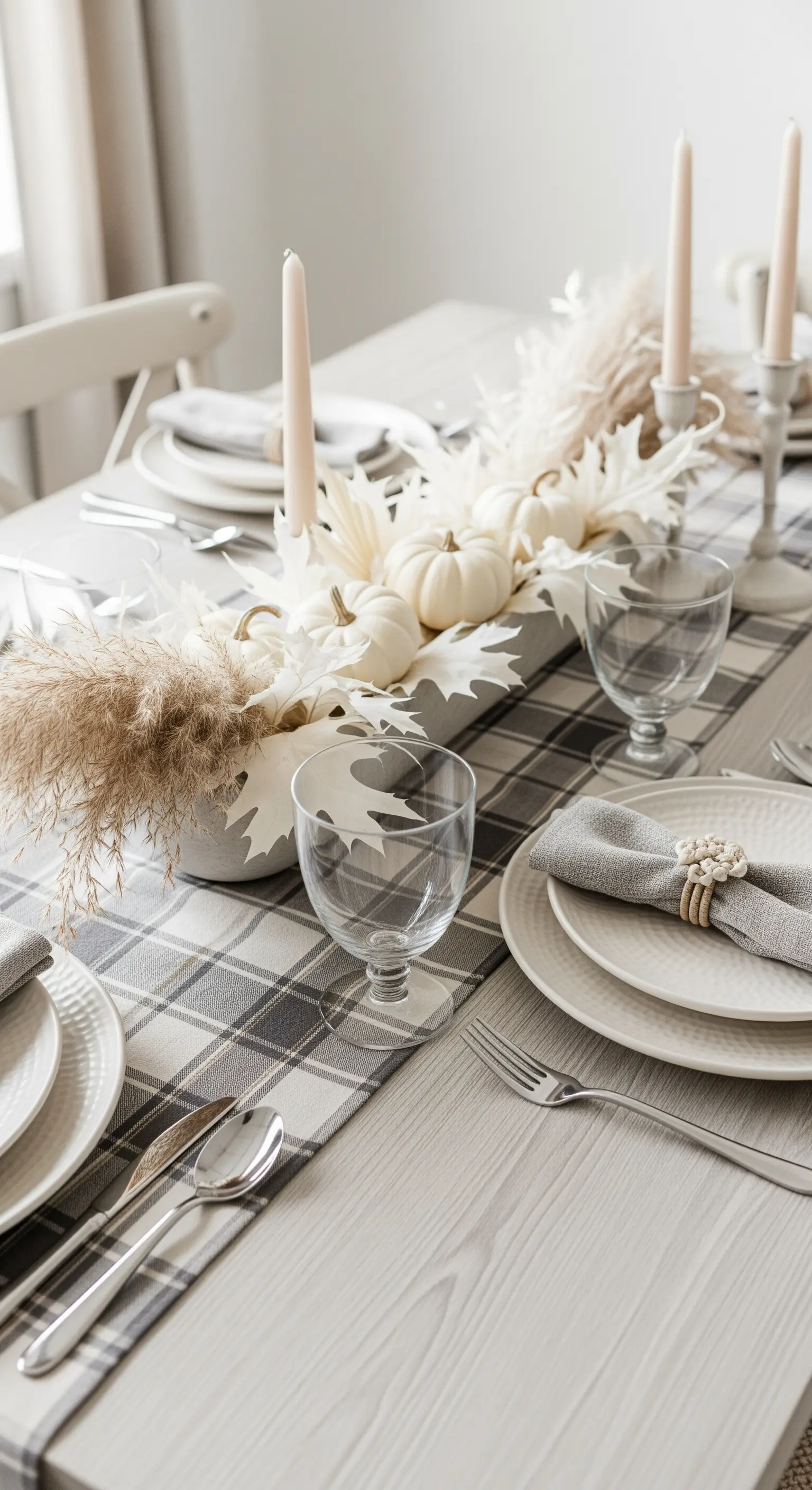 Tavola autunnale monocromatica con runner grigio, zucche bianche e pampas grass.