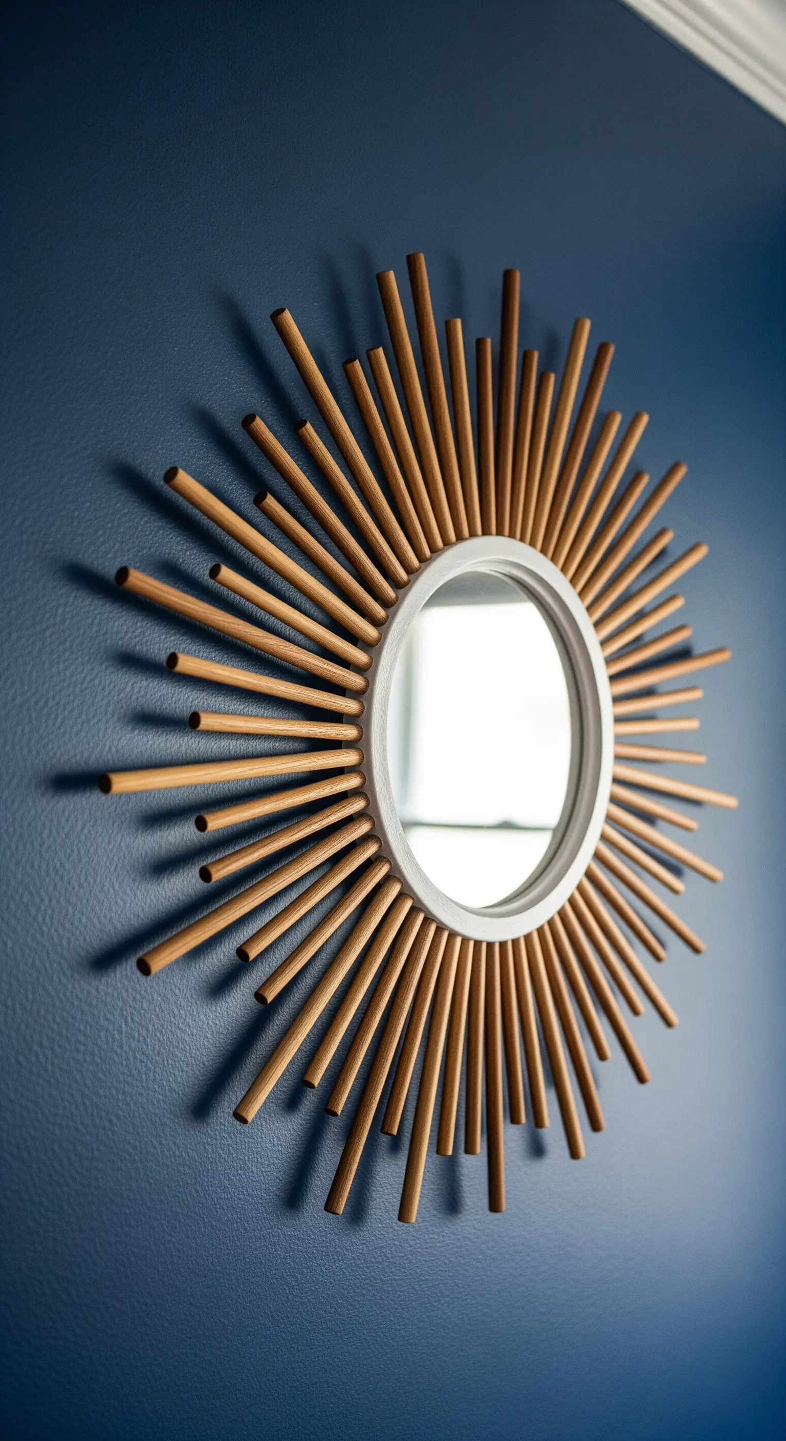 Specchio rotondo a raggiera con cornice bianca e raggi in bastoncini di legno naturale.