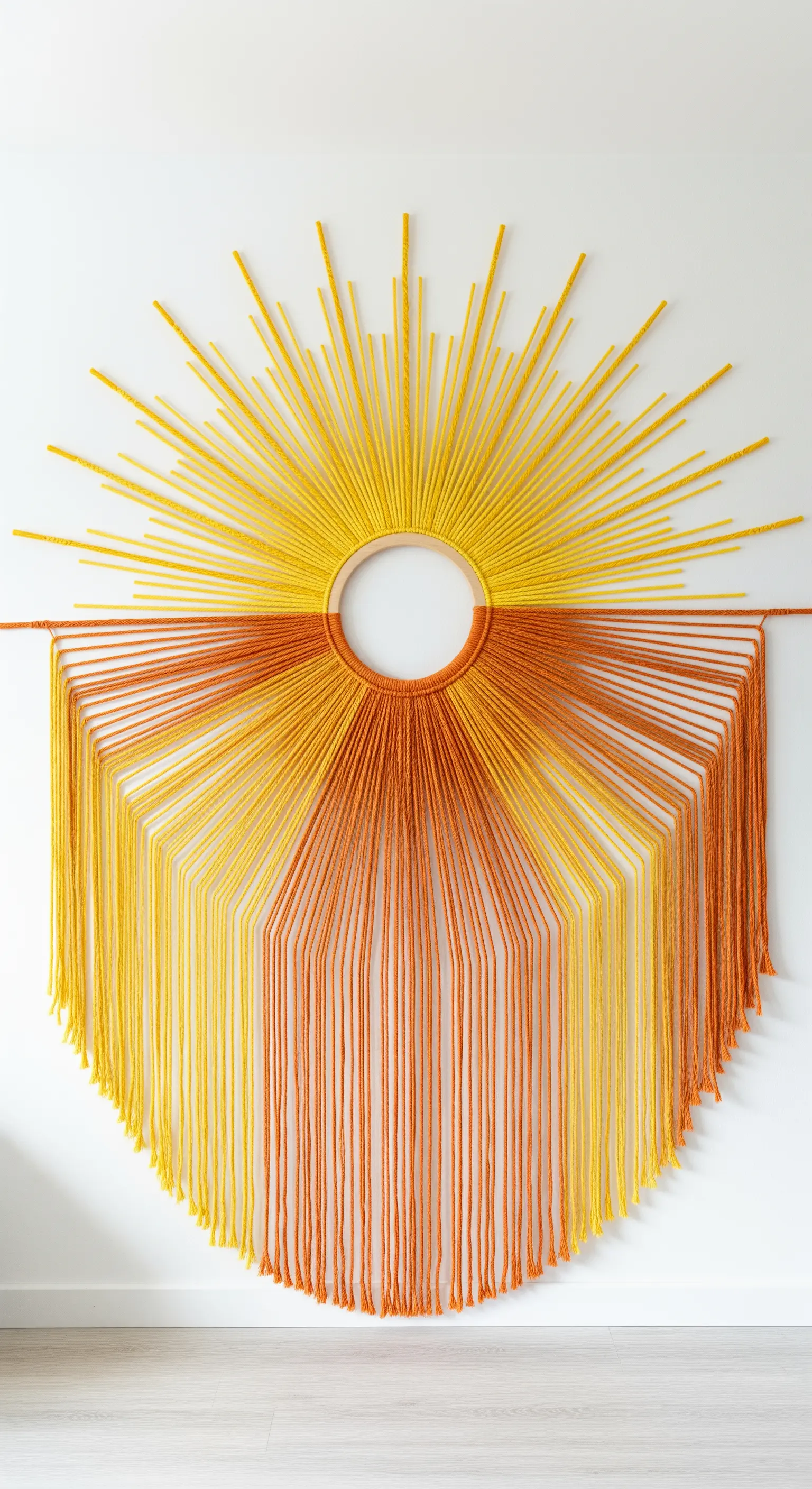 Decorazione murale in macramè a forma di sole stilizzato, con raggi gialli e arancioni.