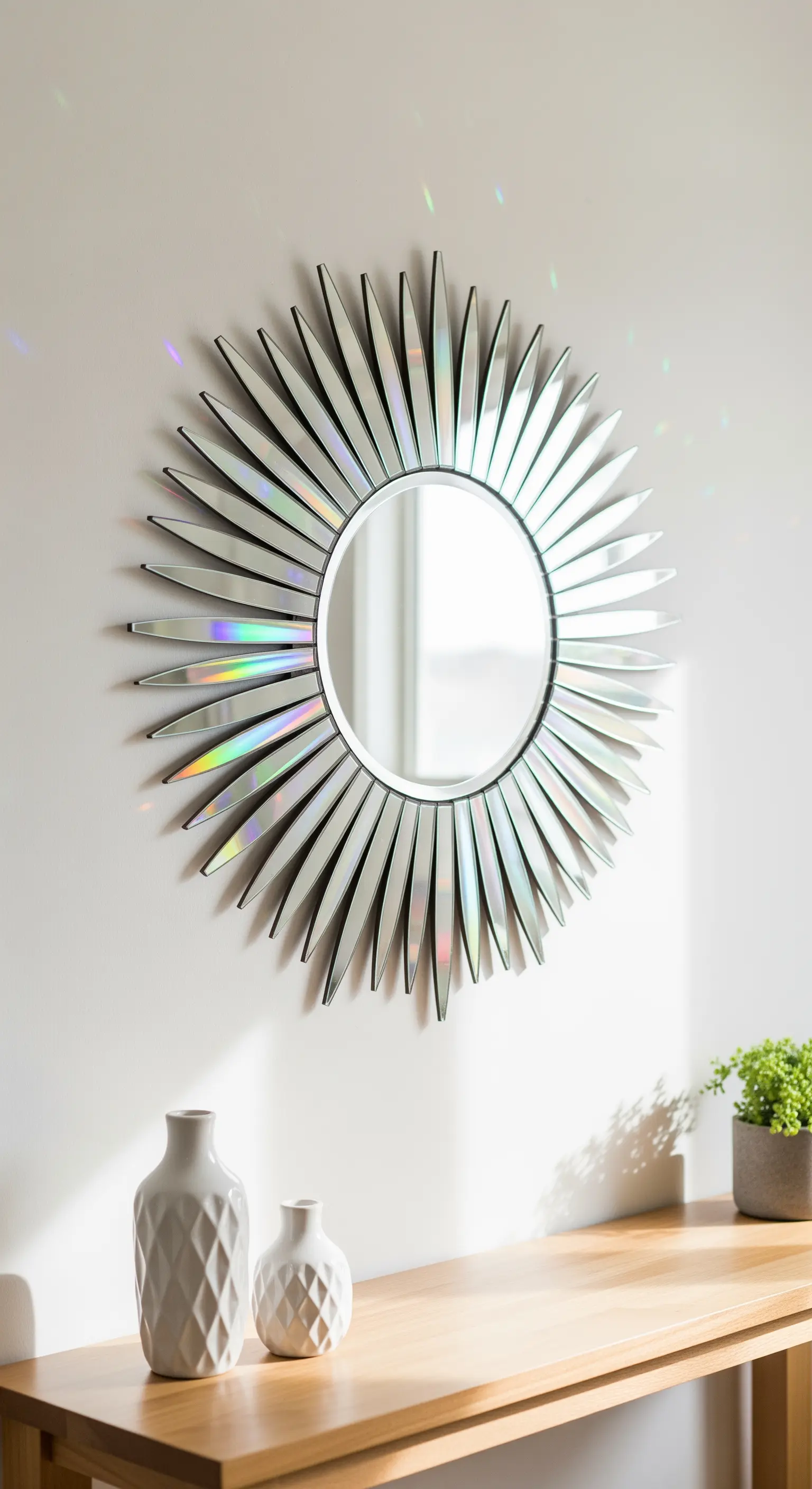 Specchio a forma di sole con raggi composti da frammenti di CD iridescenti, appeso a una parete chiara.