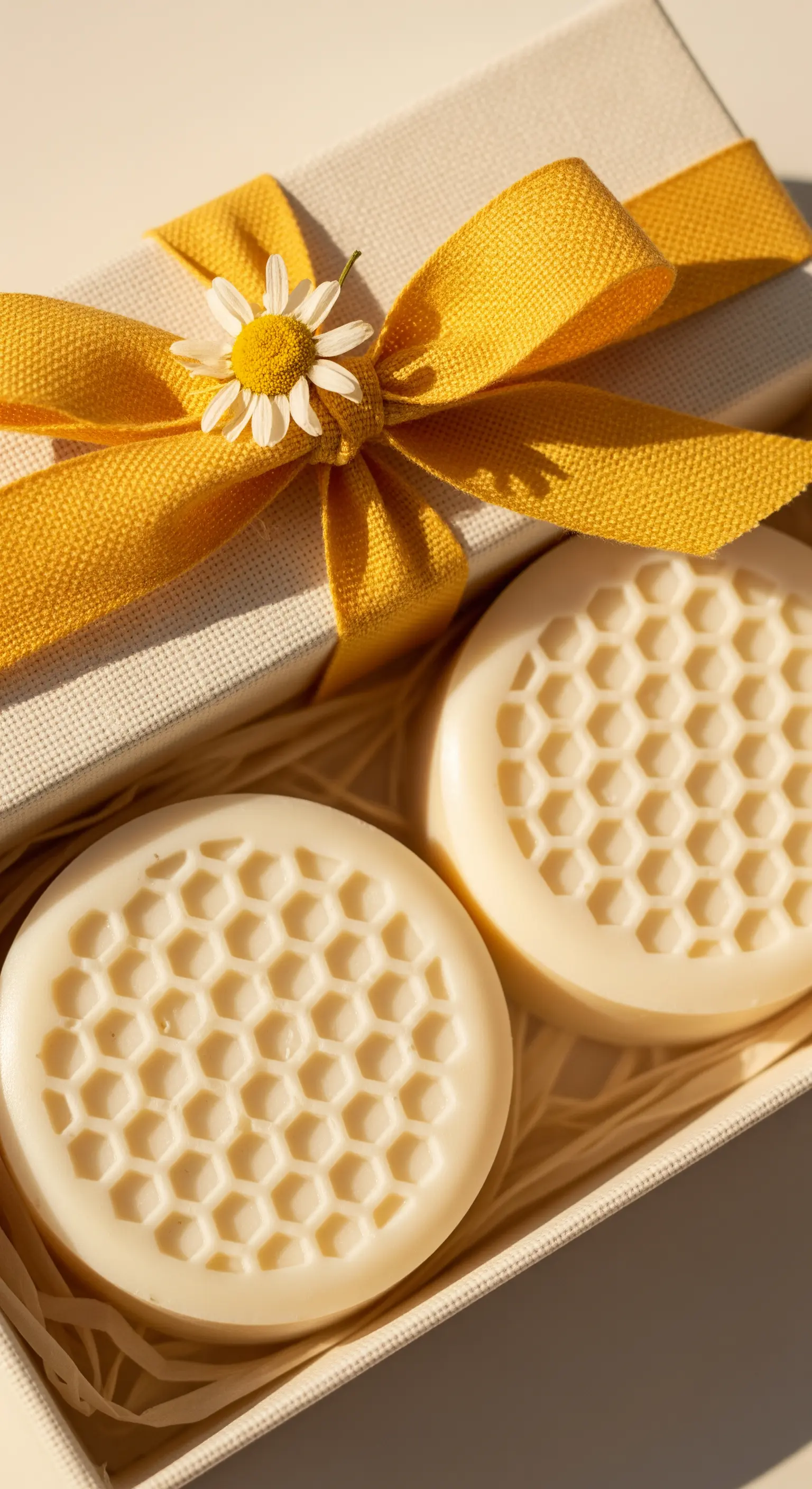 Saponi rotondi al miele in una scatola color avorio, con un fiocco giallo e un fiore di camomilla.