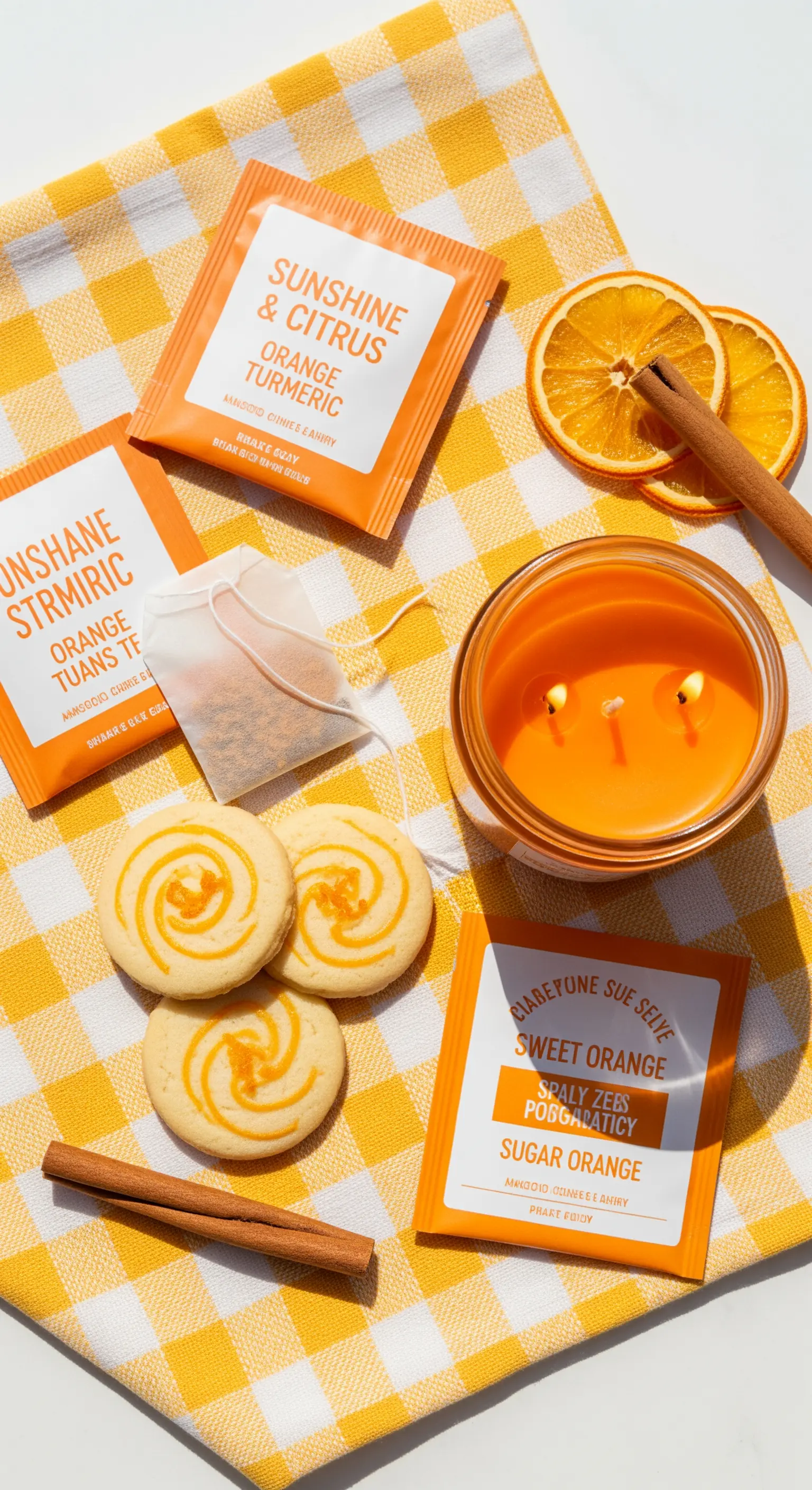 Kit regalo arancione con tè all'arancia e curcuma, biscotti e candela profumata.
