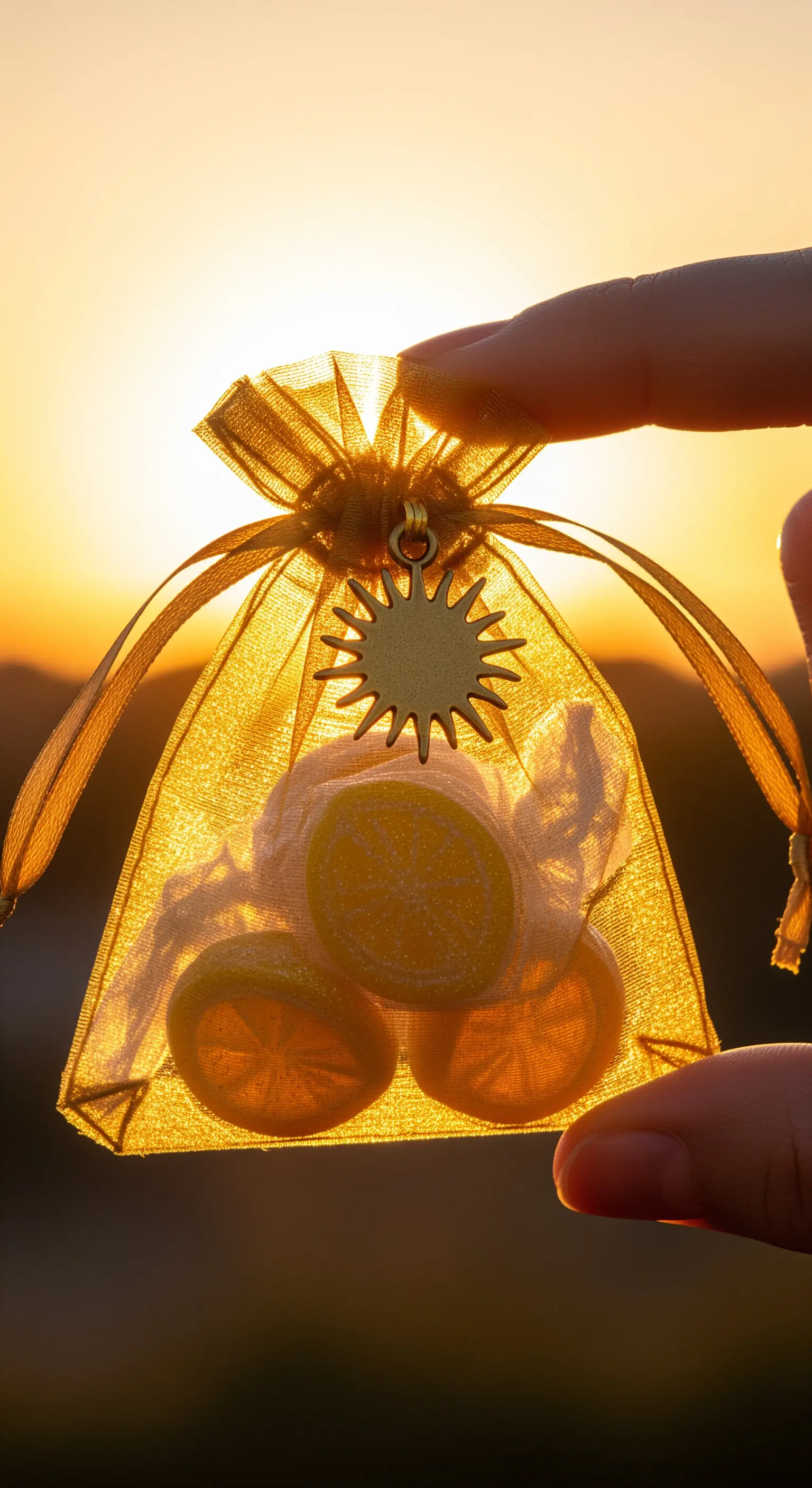 Sacchetto dorato in organza con caramelle al limone, tenuto in mano contro il sole al tramonto.
