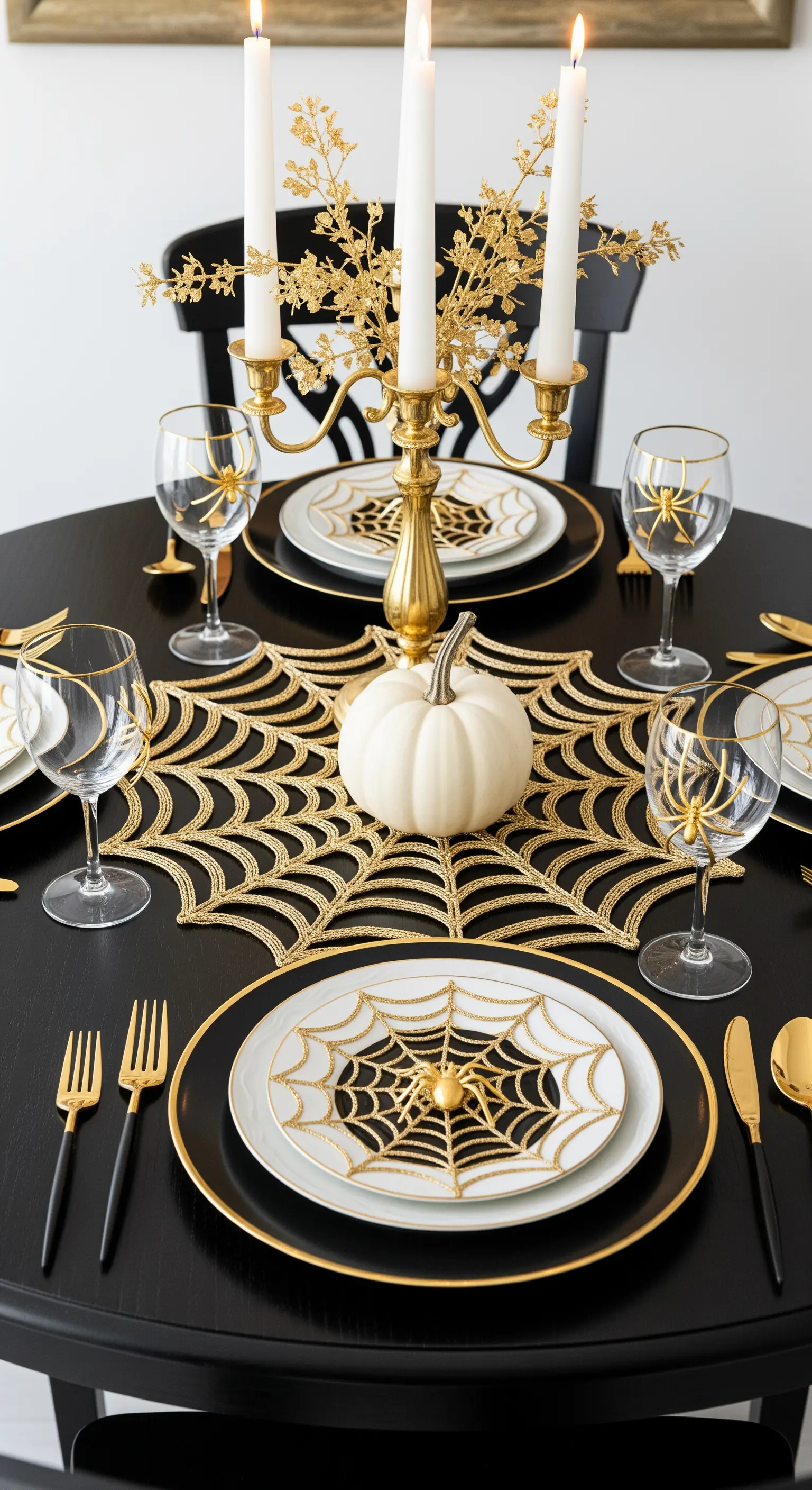 Tavola nera con runner e piatti a tema ragnatela dorata e una zucca bianca.