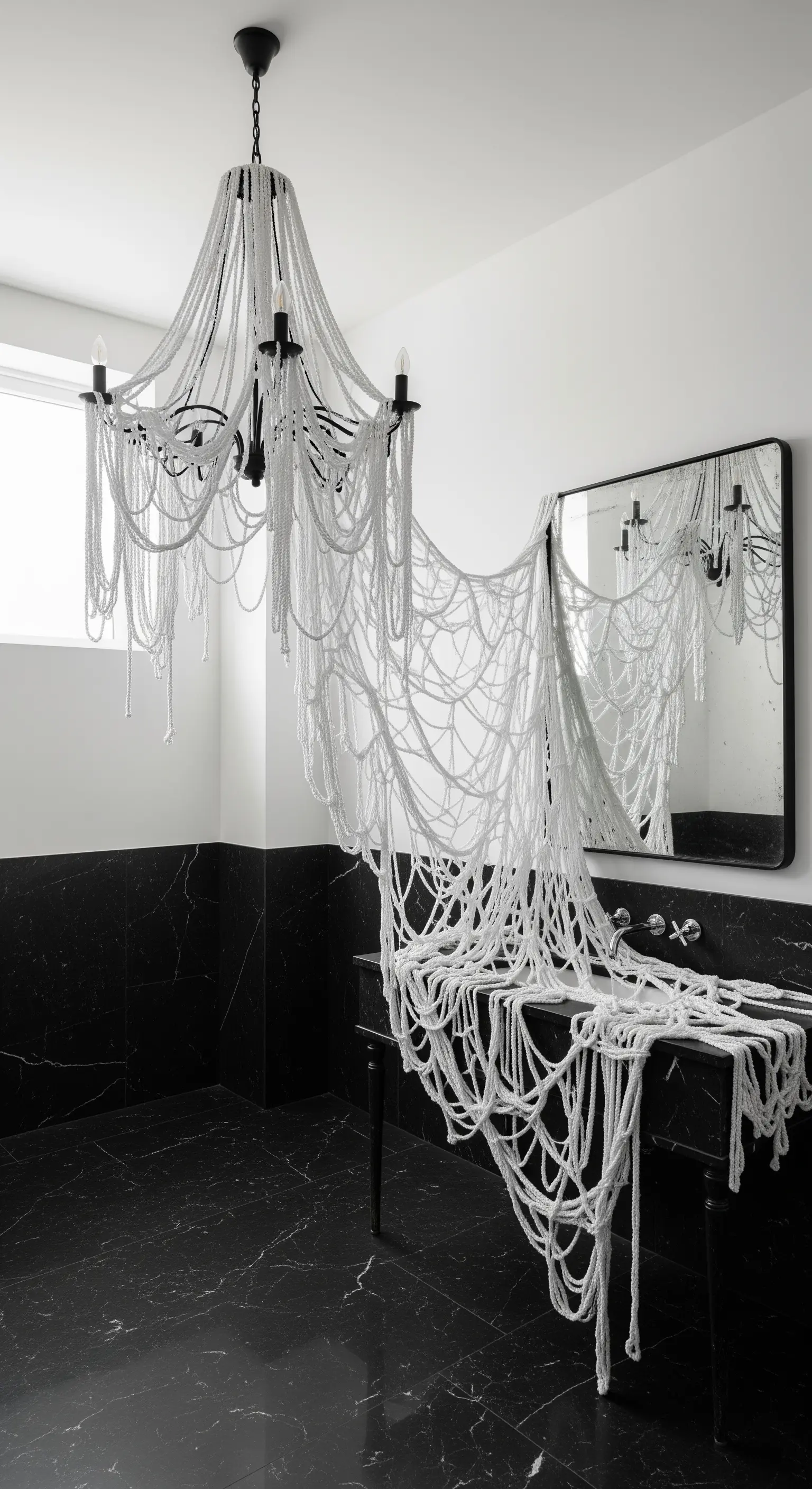 Decorazione a ragnatela tridimensionale fatta con perle bianche che copre un lampadario e un lavabo