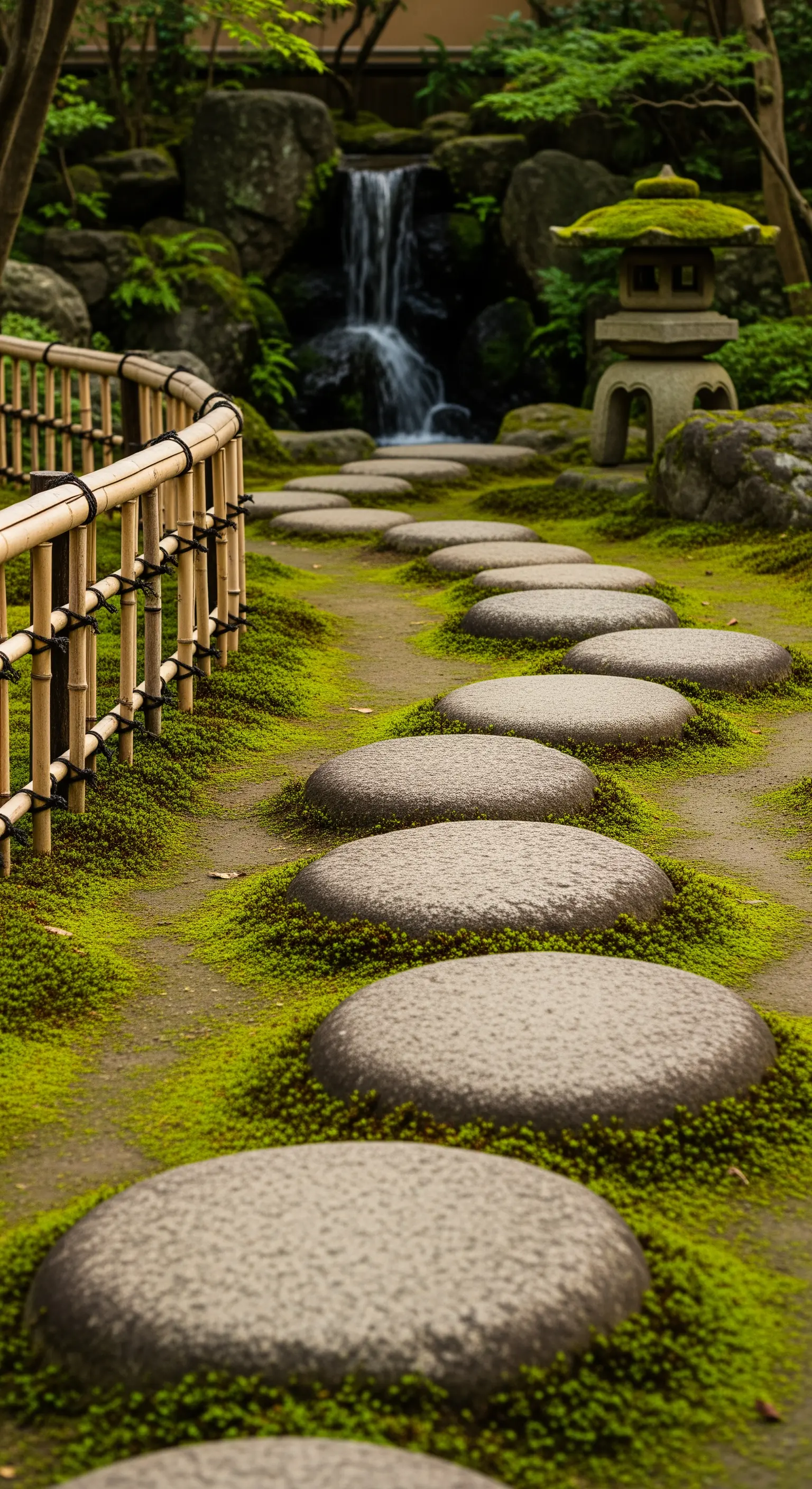 Sentiero di pietre rotonde e levigate che si snoda su un prato di muschio.