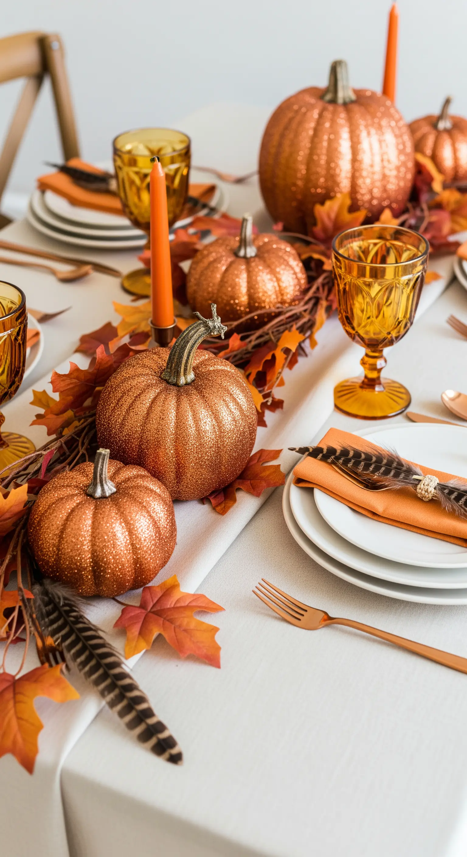 Tavola autunnale con zucche color rame, foglie e bicchieri ambrati.