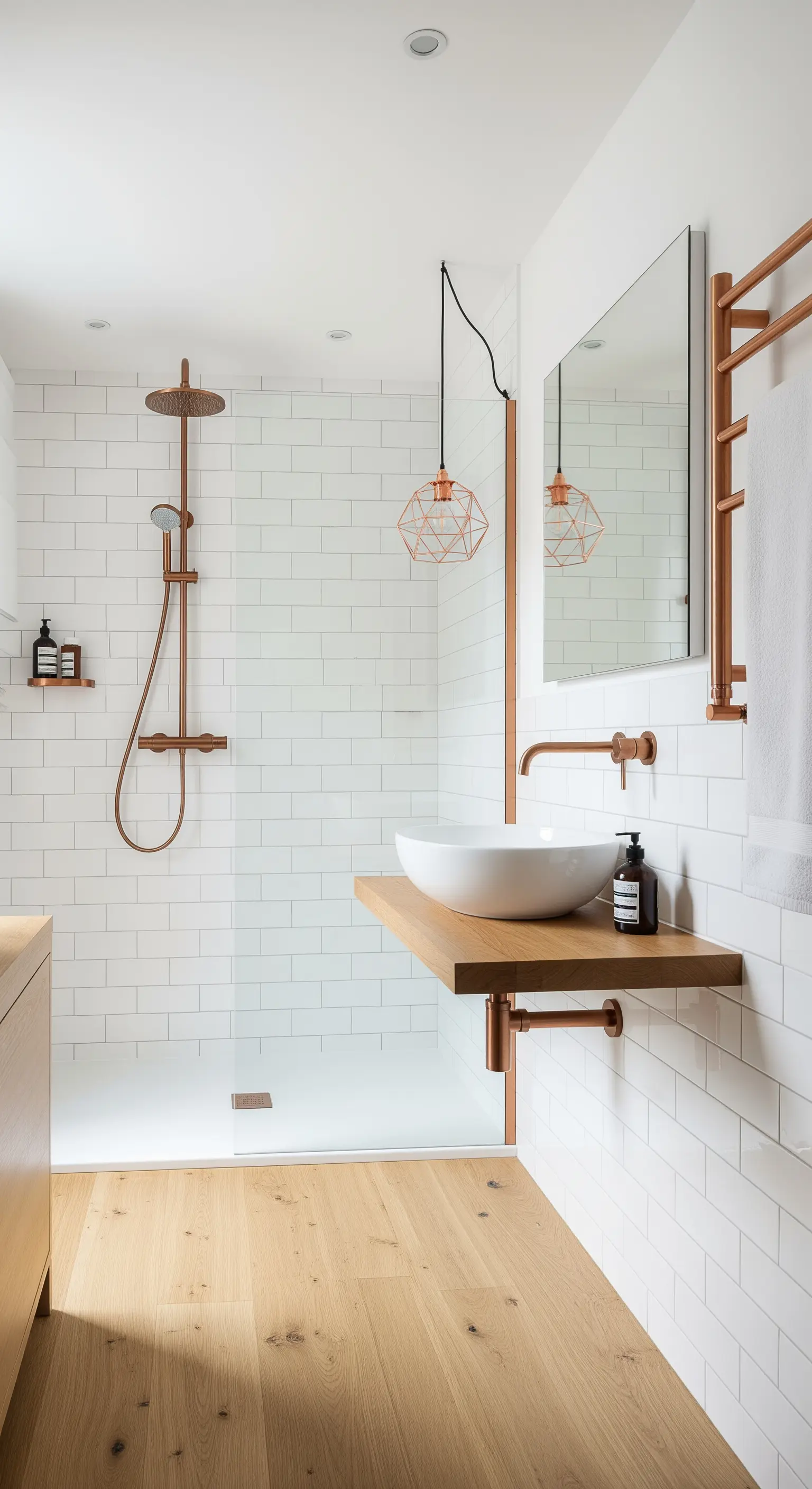 Bagno bianco e legno con doccia walk-in, rubinetteria e lampada a sospensione in rame.