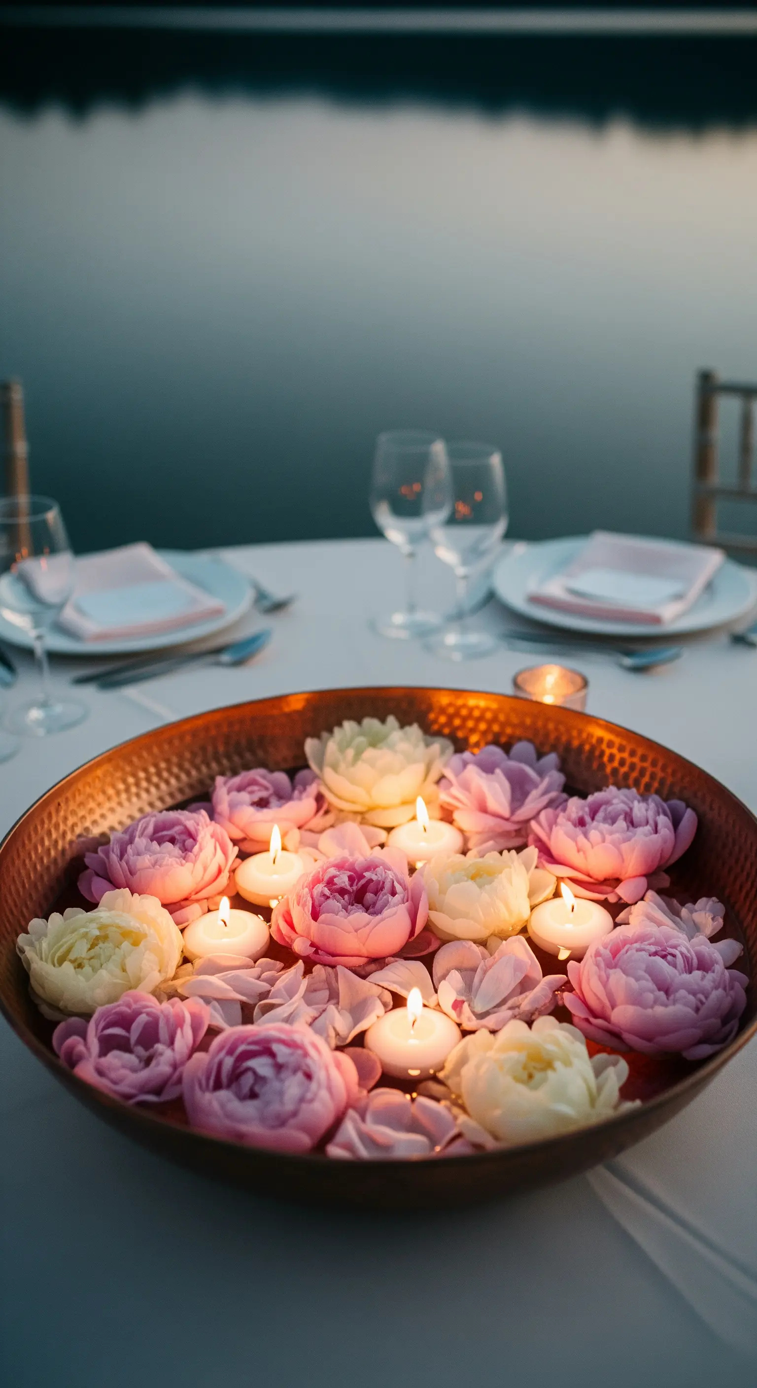 Centrotavola con ciotola in rame, peonie rosa e candele galleggianti al tramonto.