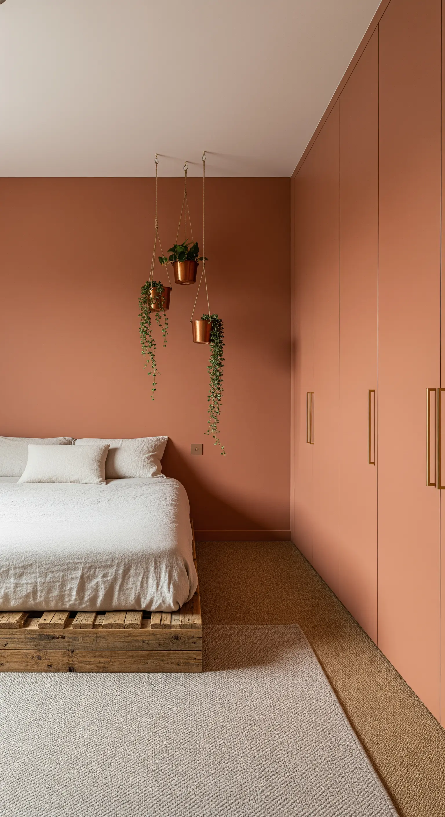 Vasi sospesi in rame e maniglie in ottone in una camera da letto color terracotta.