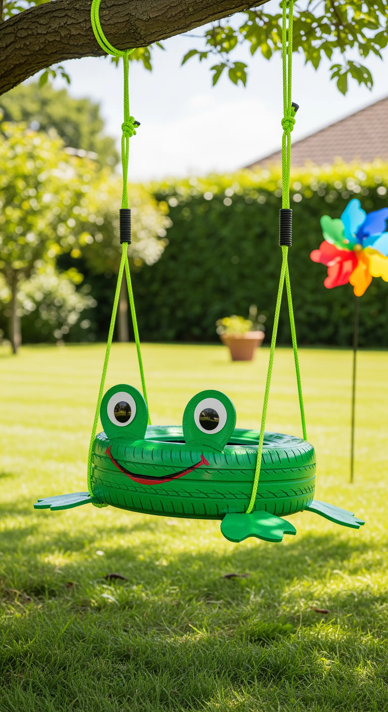 Altalena per bambini a forma di rana, realizzata con un pneumatico verde e dettagli divertenti.